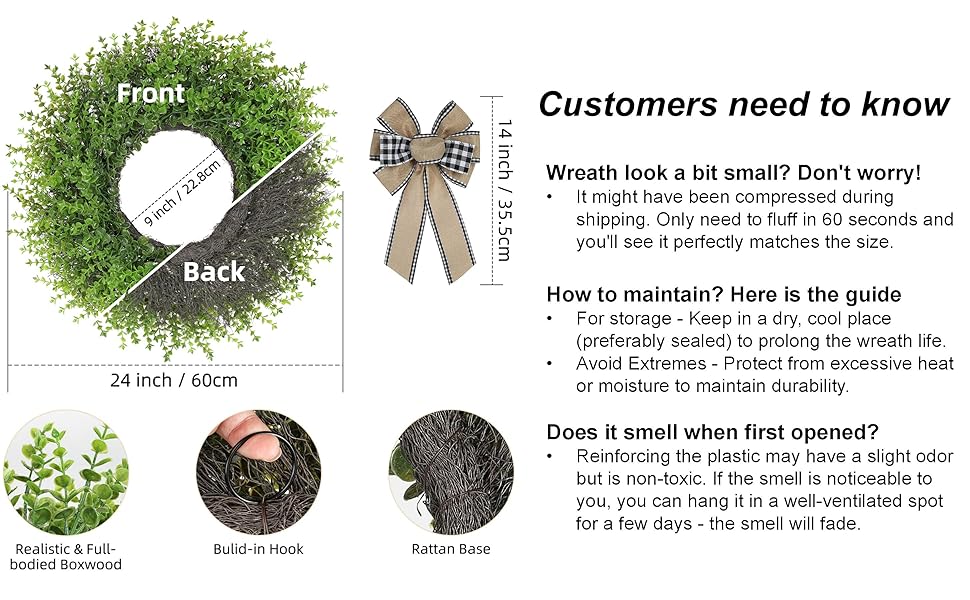 24 Inch Farmhouse Greenery Wreath with Bow – Artificial Boxwood Front Door Wreath for Year-Round Home Décor, Rustic Wall & Entryway Decoration