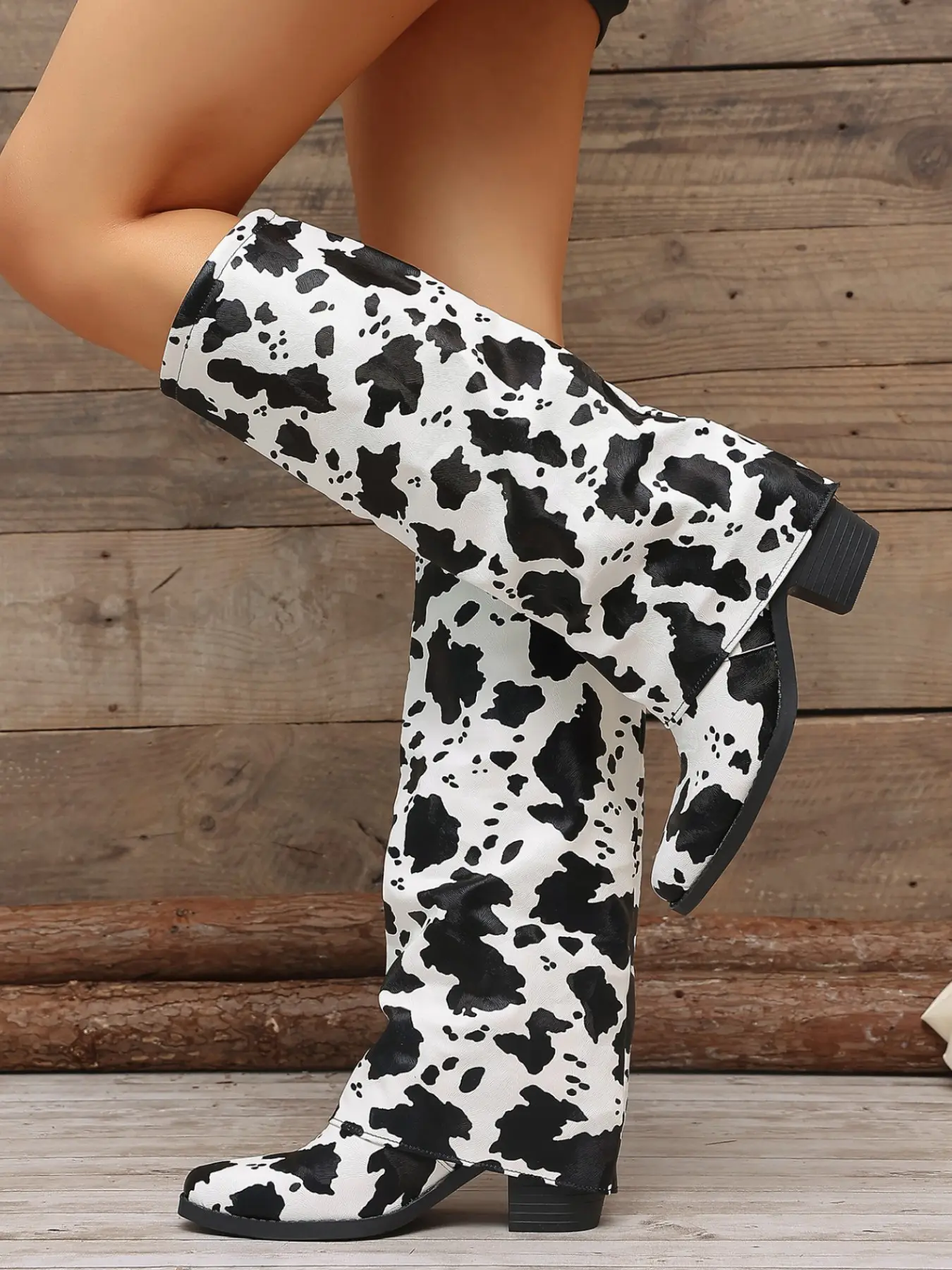New Arrival Unique Cow Print Wide Calf Long Boots, Lazy Stack Design Flat Sole Western Cowboy Boots, Trendy Versatile High Calf Women's Boots