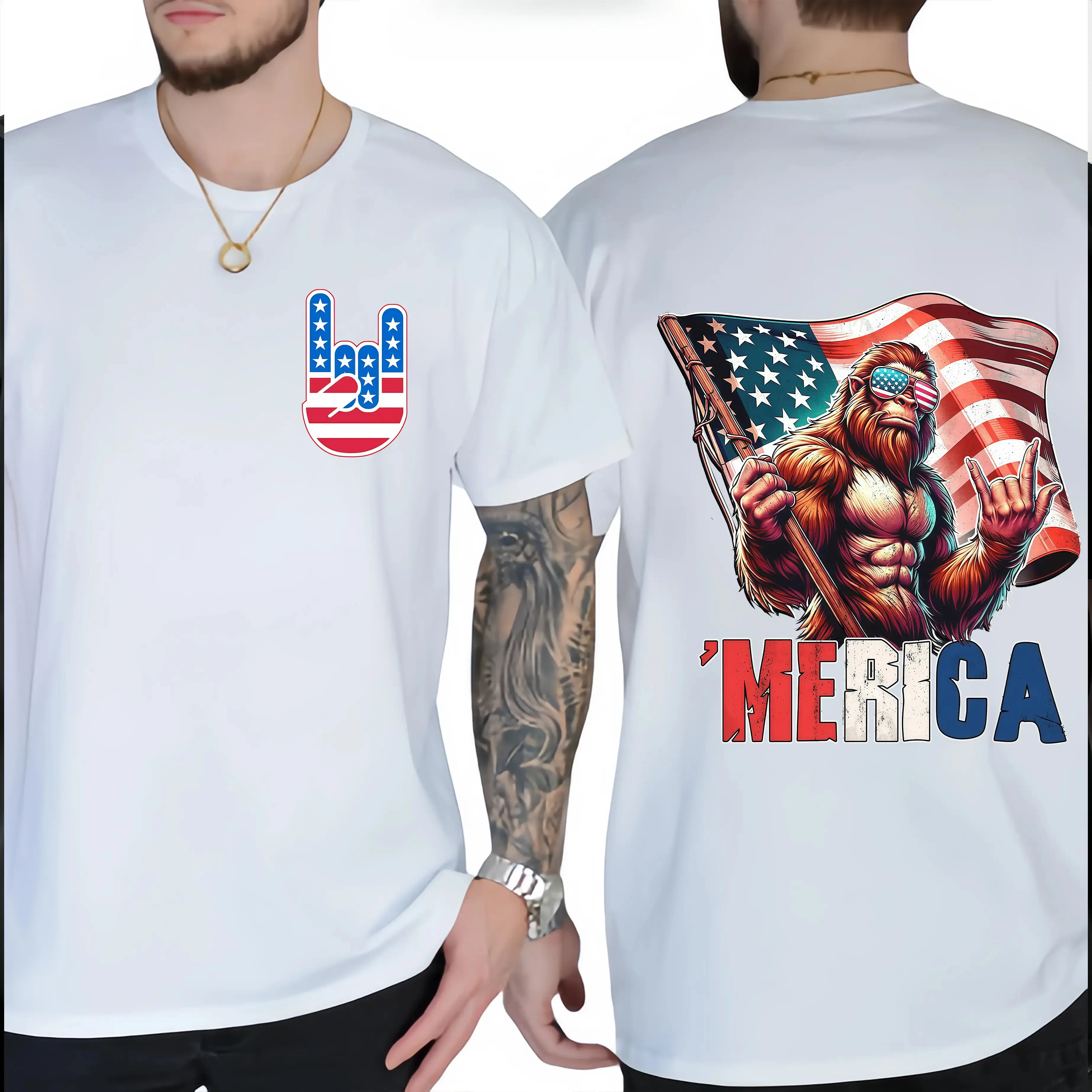 'Merica Bigfoot Shirt, Funny Patriotic Sasquatch Tee, American Flag Sunglasses Graphic, 4th of July Freedom Gift for Him, esthetician apparel, Men's gifts t shirts, Men's Graphic tee Round Neck T-shirt, Crew Neck Graphic, trendy t-shirts, Streetwear