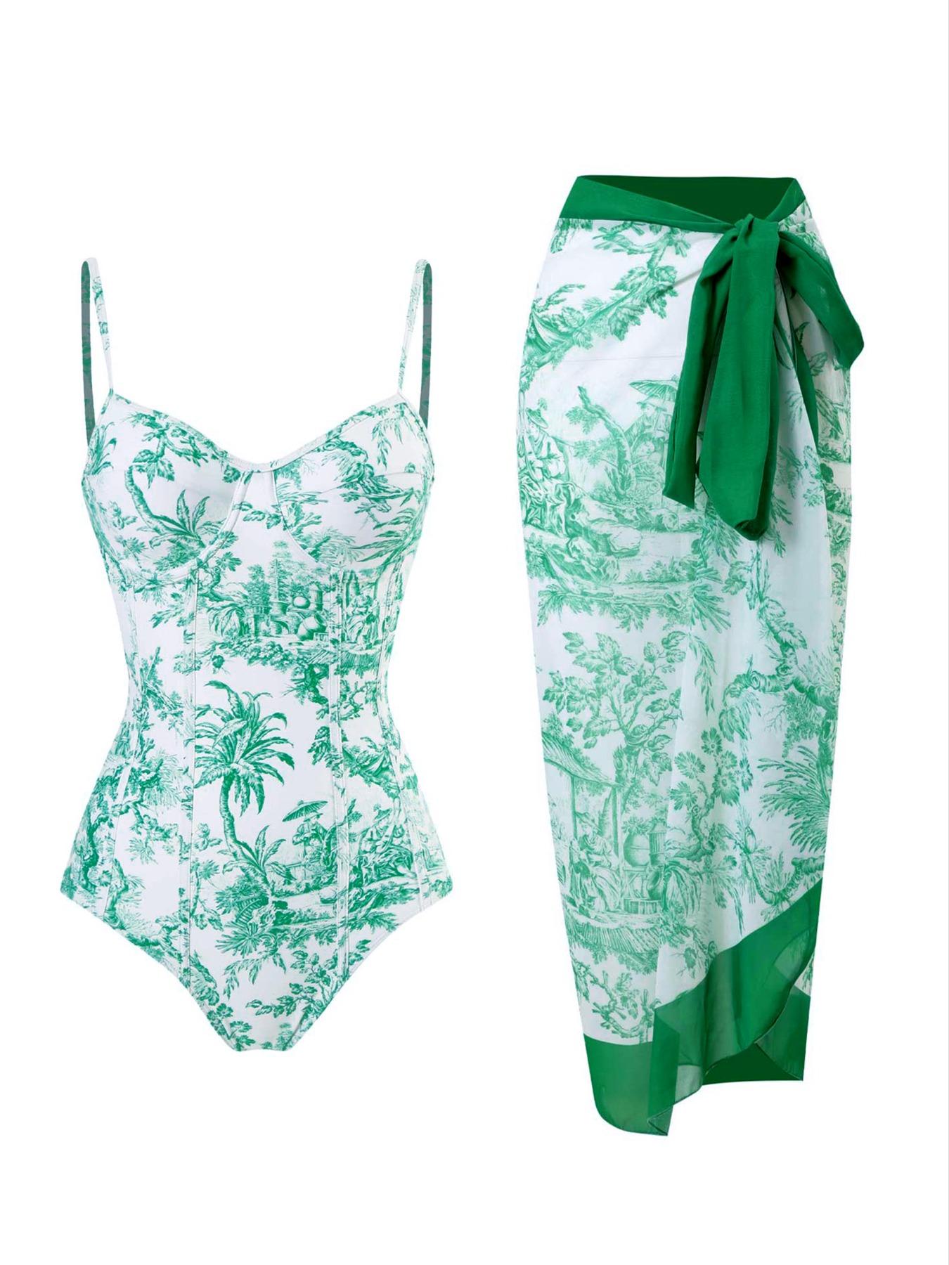 Women's Plants Print Cami Bodysuit & Contrast Mesh Skirt Set, Summer Clothes Women Elegant Spaghetti Backless Camisole & High Waist Knot Detail Skirt, Valentine's Day Gift