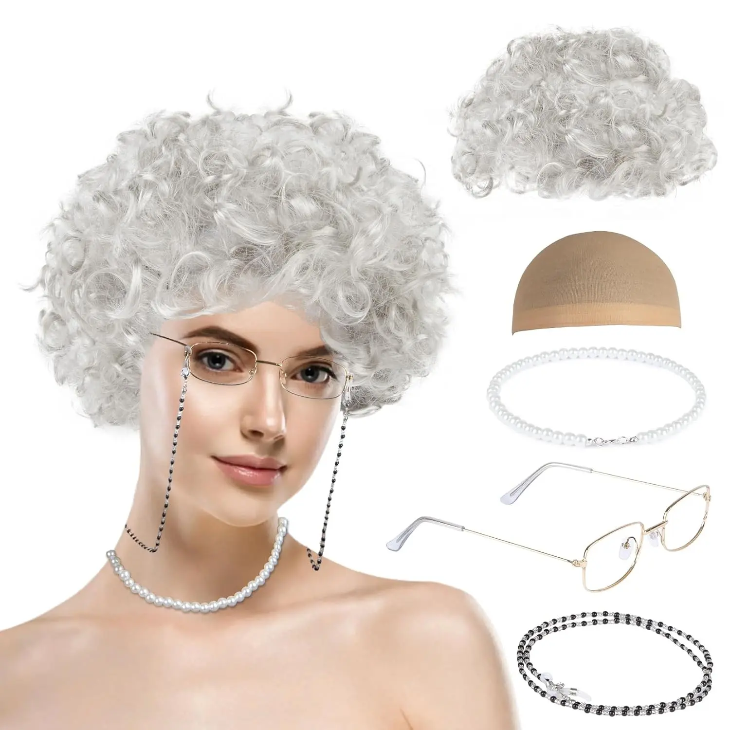 Granny Wig Costume Set - White Old Lady Wig with Glasses Cap | Funny Grandma Cosplay Accessories with Necklace for Women, Halloween Dress Up Party Theater Comedy Costume Supplies(Gift)