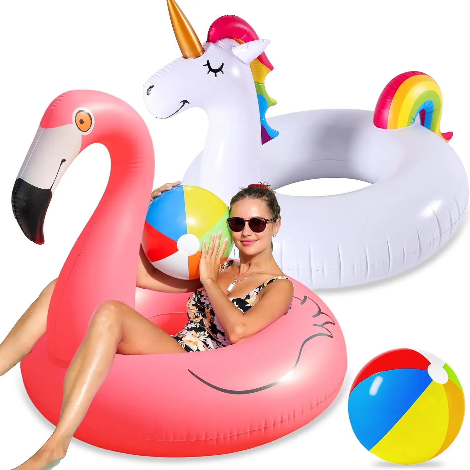 2 Pack Pool Floats Set with 2 Beach Balls - 46'' Flamingo & 57'' Unicorn Inflatable Rafts for Adults, Heavy Duty Swimming Rings for Pool Party Water Fun
