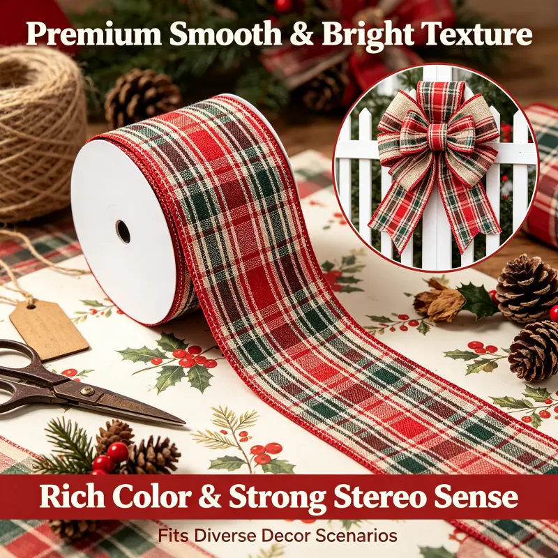 Christmas Vibe Wired Gingham Ribbon, 2.5in 10yd for Xmas Tree, Wreath DIY, Bow Shape & Bouquet Wrap Decorative Seasonal Bows & Ribbons