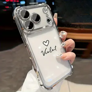 Luxury Electroplate Shockproof Clear Phone Case • Film Glass Lens Protector • Personalized Customized Name • Compatible with iPhone 17 16 15 14 13 12 11 Pro Max • Acrylic Four-Corner Anti-fall Transparent Back Cover • DIY Gift for Womn/Men
