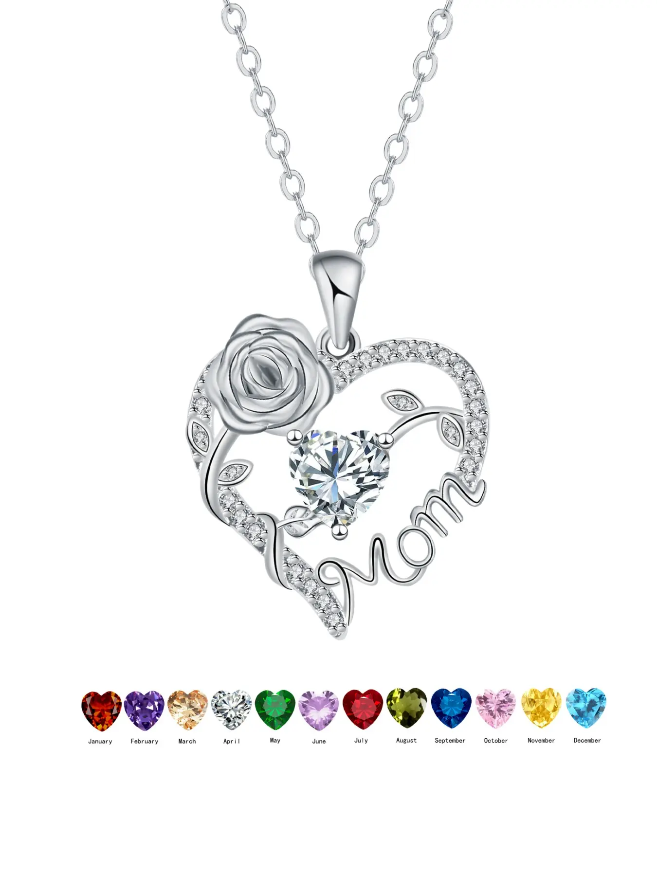 Heart Rose Mom Pendant Necklace, Love Heart Necklace, Mom Necklace for Mama Aunt Nana Grandma Birthday Mother's Day Jewelry Gift