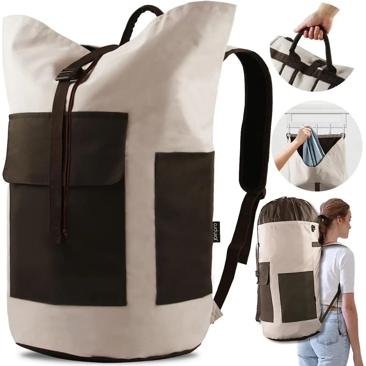 Laundry Backpack Bag 125L Extra Large, Heavy Duty for College Dorm & Apartment, Durable Thick Material Laundry Hamper with Padded Straps for Easy Carry, 3 Pockets for Travel & Laundromat (Khaki)