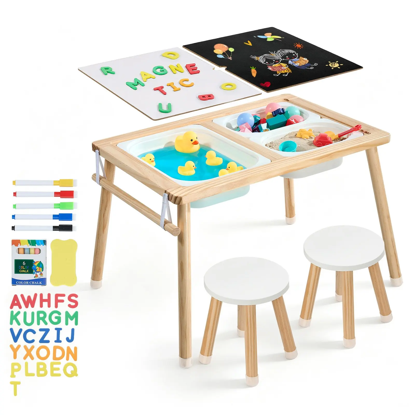 【toolupgrade】VEVOR Wooden Sensory Table for Toddlers, 74x52cm Table with 2 Stools, Double-Sided Board, Storage Bins, Non-Slip Feet, Easy Setup for Kids' Sand, Water Play & Drawing