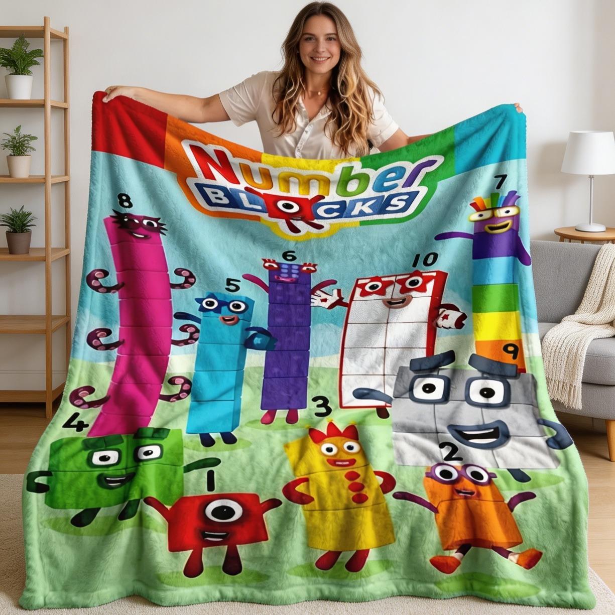 Numberblocks Theme Flannel Blanket, Soft Cozy Throw Blanket, Digital Building Blocks 0–10 Characters, Kids Bed Sofa Learning Decor Gift