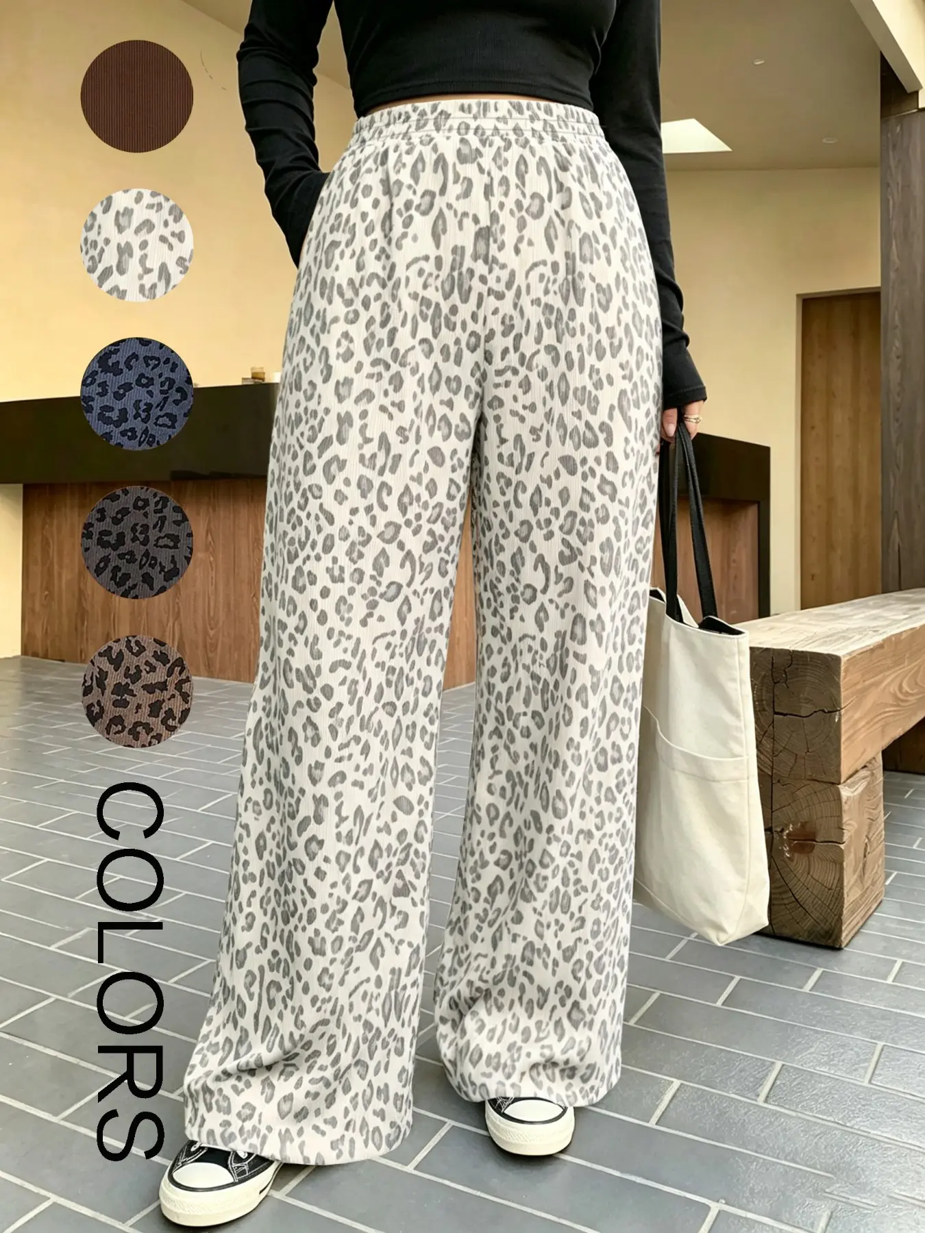 Plus Size Women's Elastic Waist Corduroy Leopard Print Loose Fit Long Pants, Coffee, All Seasons, Back-To-School Fashion, Casual Comfortable