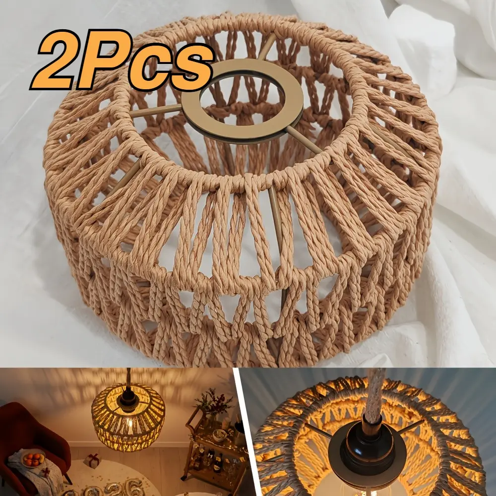 2Pcs Boho Decorative Flat Lantern Lampshade, Vintage Wicker Woven Ceiling Lamp Shade for Home Living Room Dining Room Bedroom, Handmade Craft Lampshade Light Covers Without Bulb, Lighting Accessories