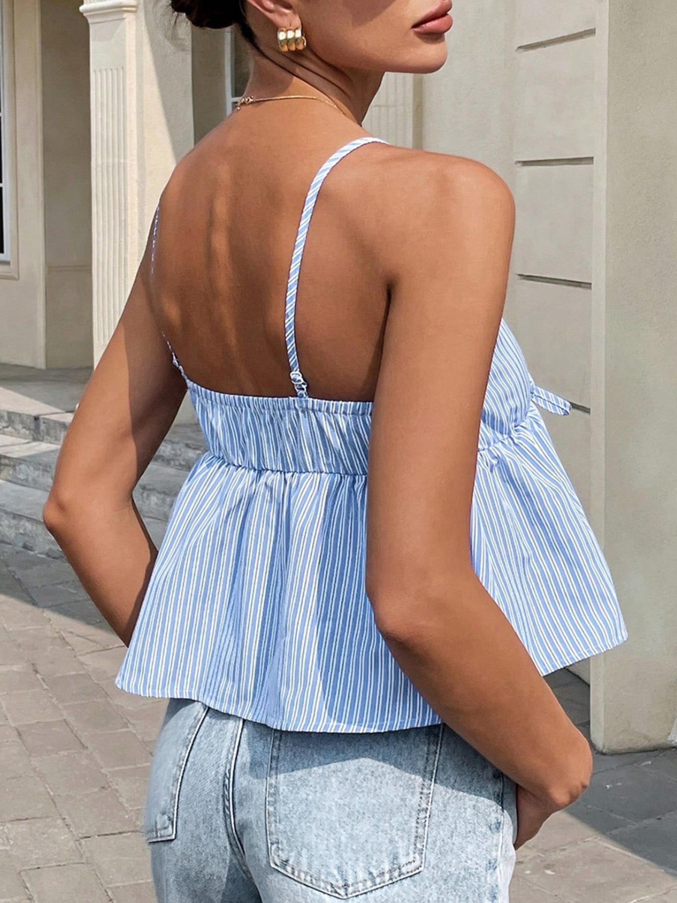 Women's Striped Print Tie Shoulder Cami Top, Casual Trendy Shirt, Casual Sweetheart Neck Sleeveless Top for Summer, Women's Clothing for Daily Wear, Shirts