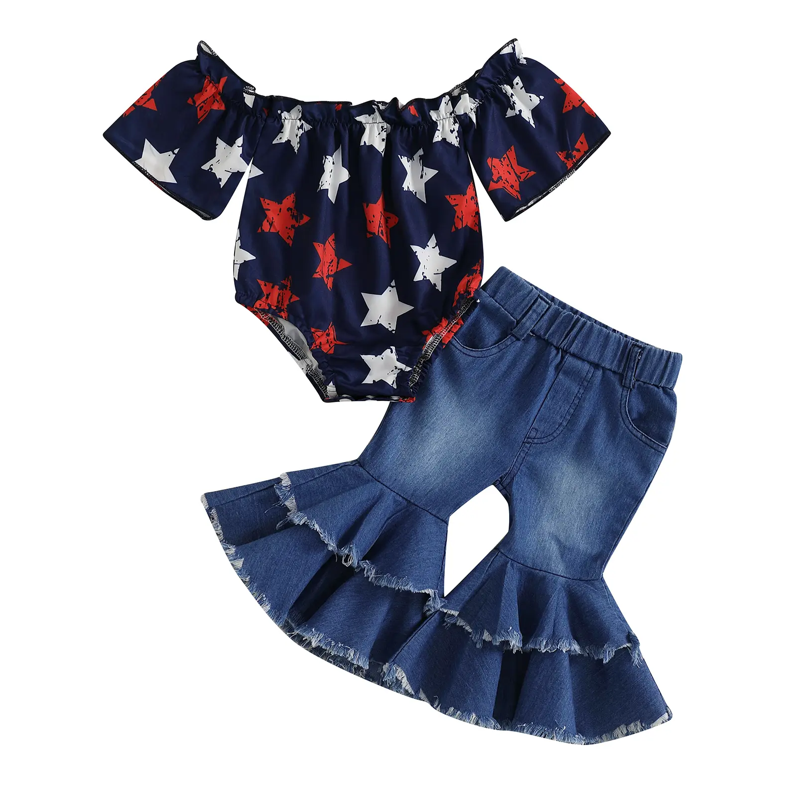 Infant Girl Bell Bottoms Outfit Star Print Off Shoulder Bodysuit Romper Denim Flared Pants Summer Jean 2 Pieces Set