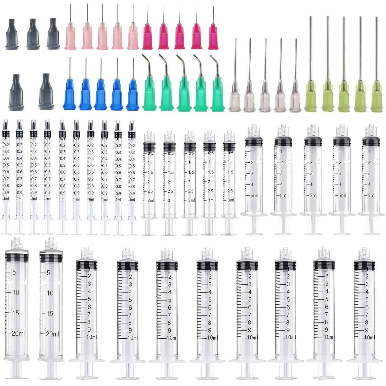 30 Pack 1ml, 3ml, 5ml, 10ml, 20ml Measuring Dispenser with14ga,16ga, 18ga, 20ga, 22ga, 25ga Dispensing Accessories and Caps, for Ink, Epoxy, Woodworking, Craft, Liquid Dispensing