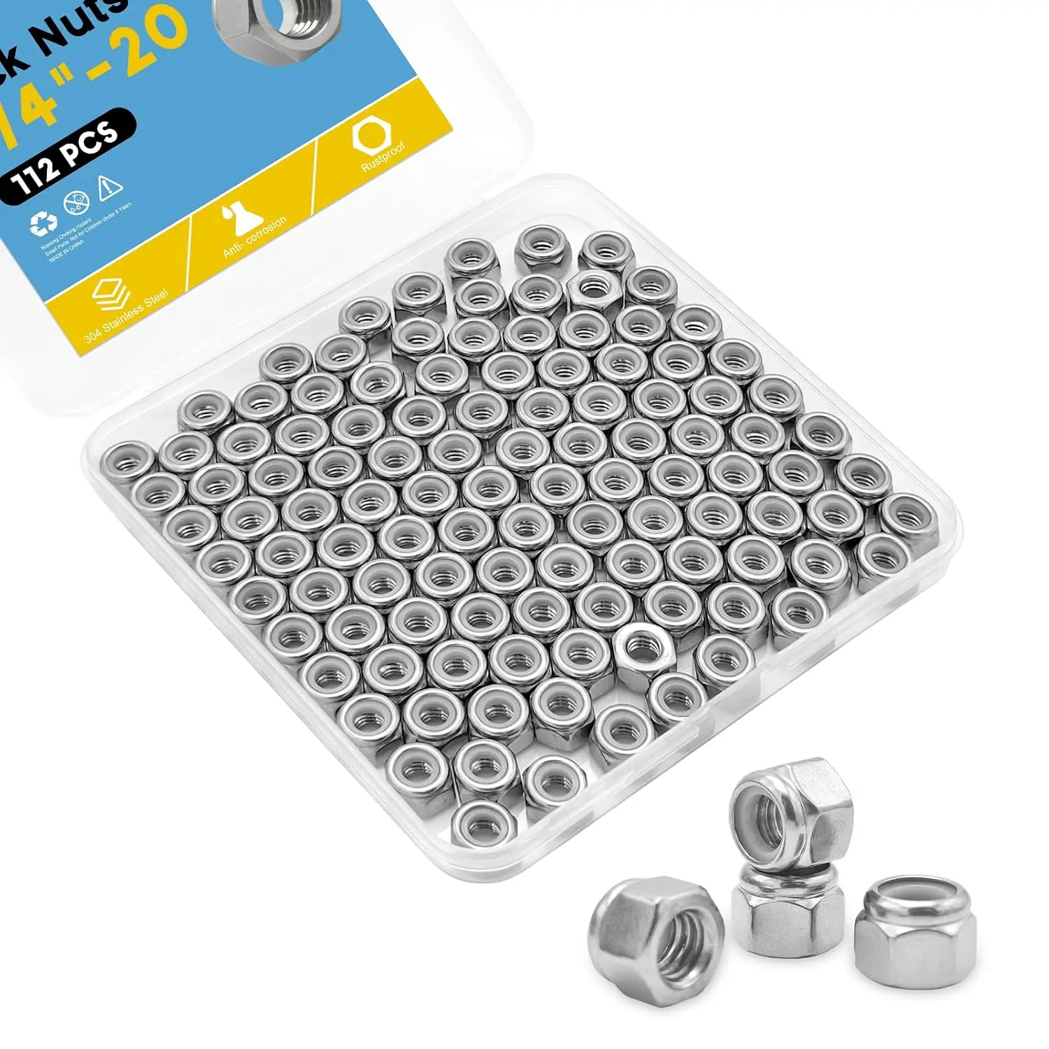 112 count 1/4"-20 Lock Nuts, 304 Stainless Steel (1/4"-20) Locknuts,Standard Inch Nylock Nuts ,Nylon Insert Hex Lock Nuts