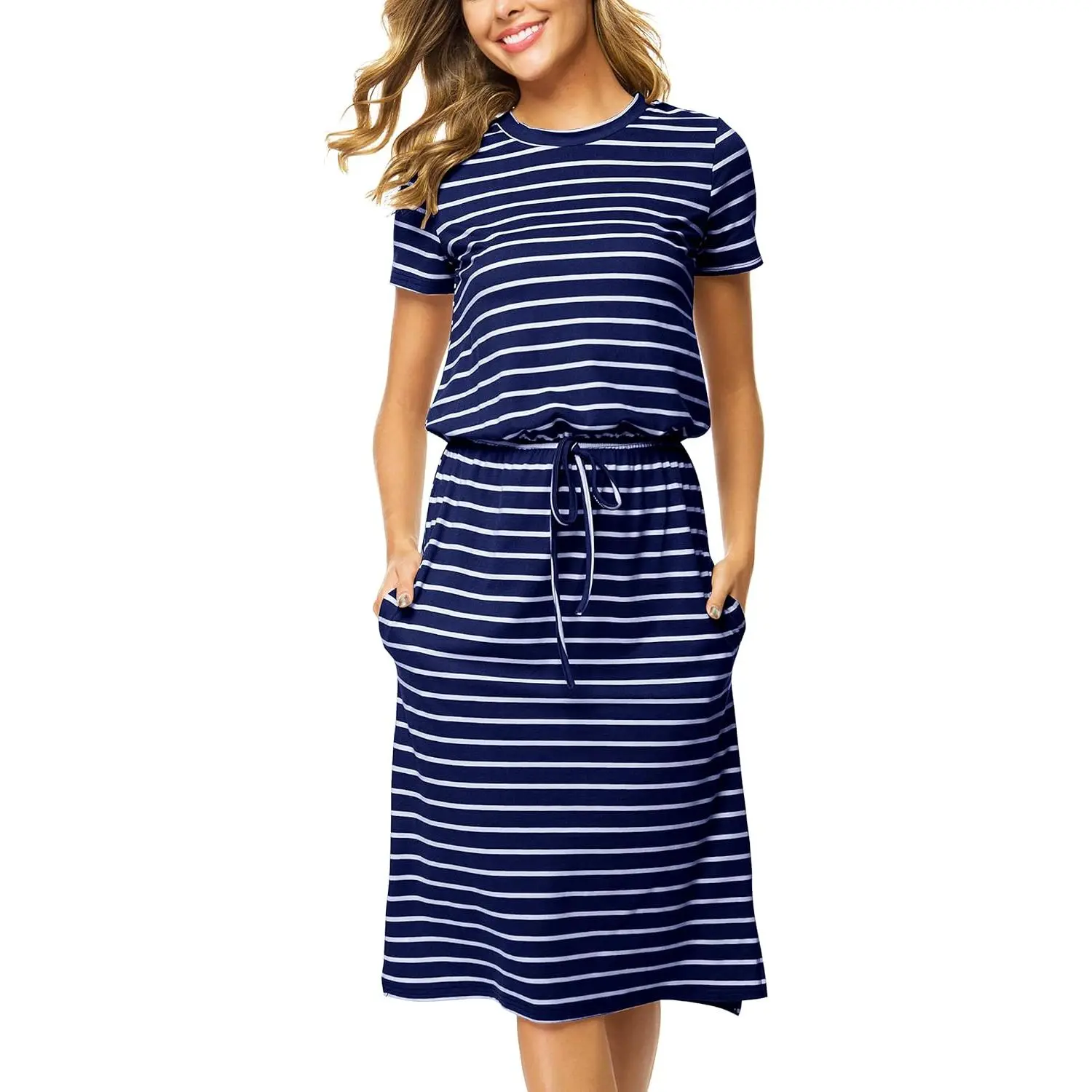 Women Summer Midi Knee Casual Dress Pocket Hide Belly Short Sleeve Spring Work Travel Teacher Outfit