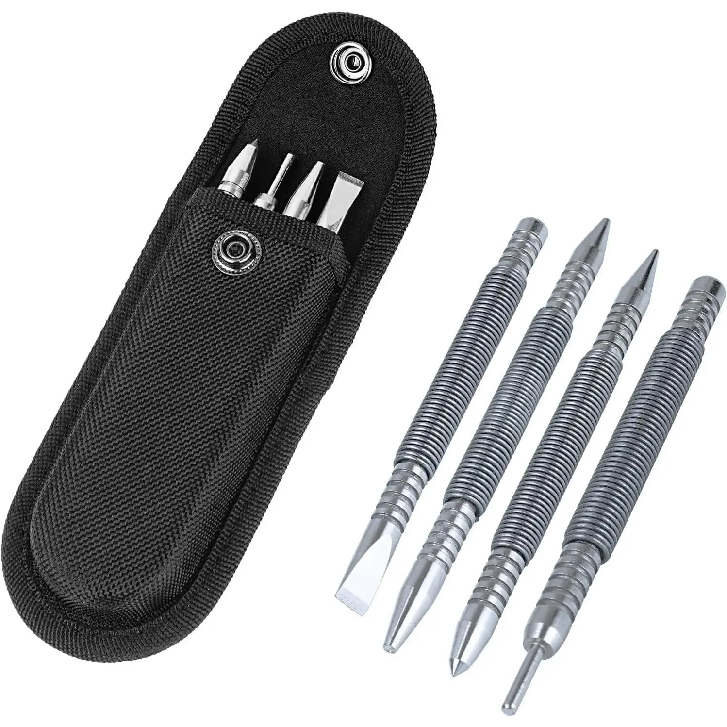 4-  Setter    Set &   Center Punch & Hammerless Cold Chisel & Hinge Pin Remover Punch Set,  Setter Features 1/8-in, 3/32-in, 3/16-in, 1/16-in, 5/16-in, 1/8-in, 1 Center Punch, 1 Door Hinge Pin Removal Punch