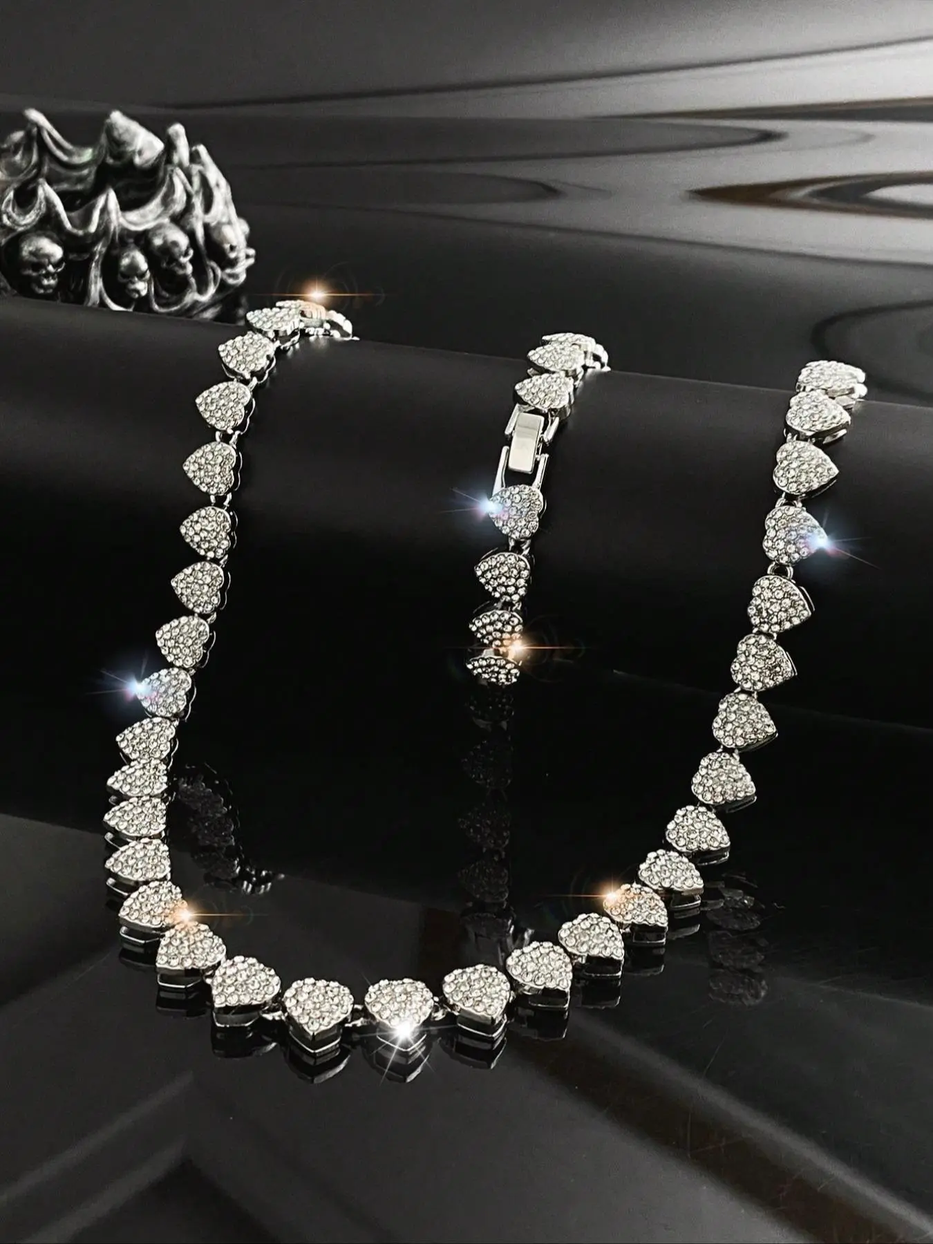 Full Rhinestone Heart Cuban Hip Hop Chain Necklace Bracelet, Sparkling Jewelry for Trendy Fashion Lovers, Perfect Gift for Any Occasion