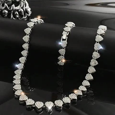 Full Rhinestone Heart Cuban Hip Hop Chain Necklace Bracelet, Sparkling Jewelry for Trendy Fashion Lovers, Perfect Gift for Any Occasion