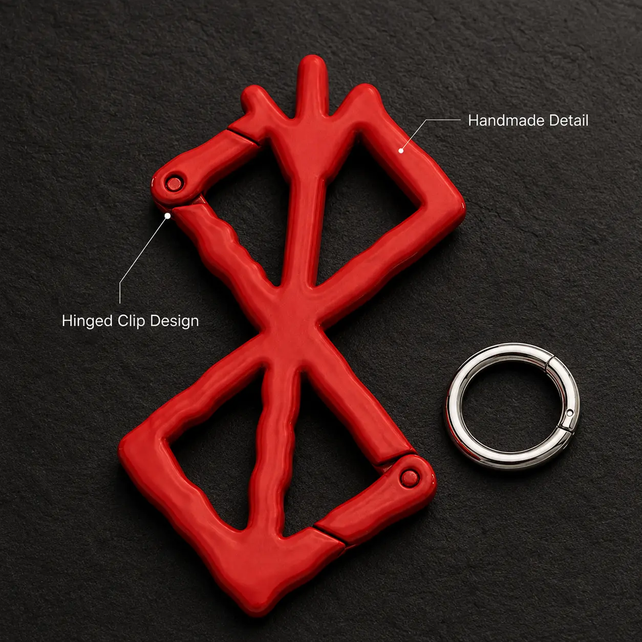 Punk Rune Carabiner Clip, Geometric Bag Charm and Belt Loop Keychain Accessory in Red or Silver
