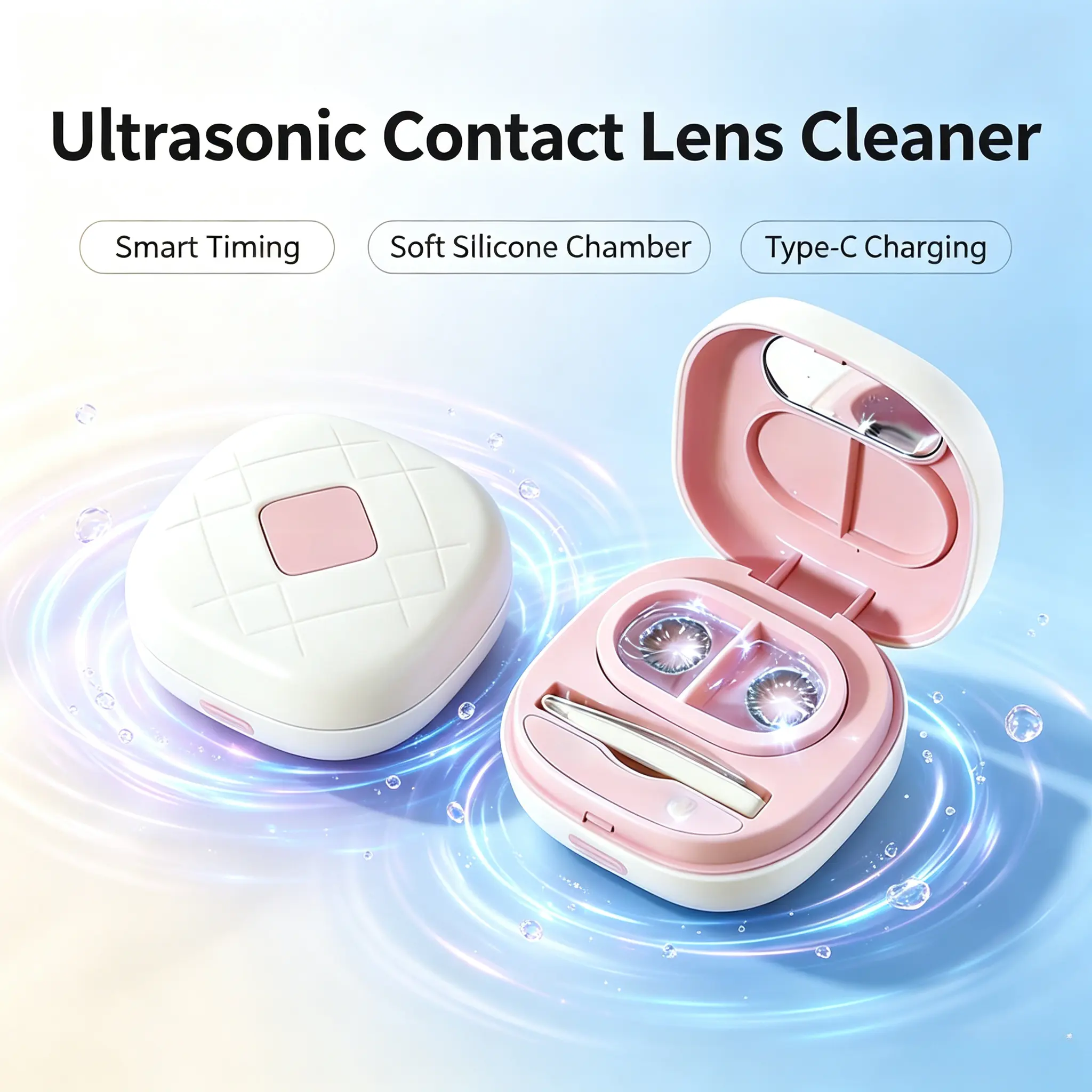 Ultrasonic Contact Lens Cleaner, Portable Sonic Contact Lens Cleaning Case with Silicone Chamber, Low Noise Rechargeable Eye Contact Lens Cleaner, Daily Care Cleaning Box for Soft Lenses, Cosmetic Contact Lenses