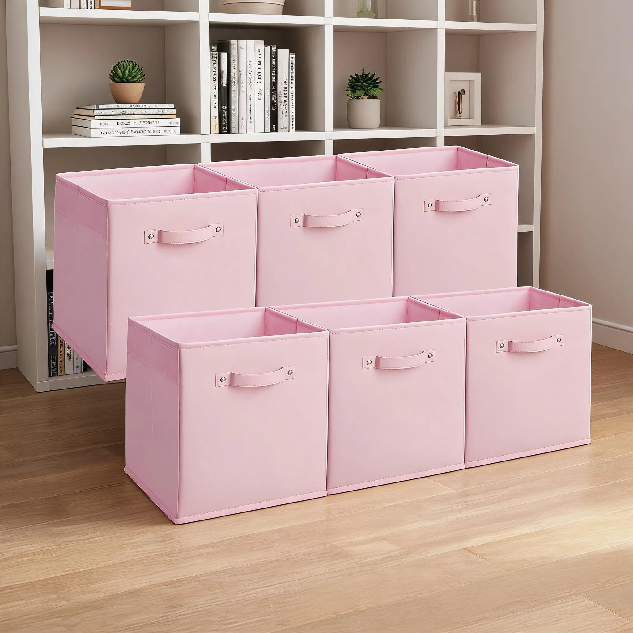 6-Pack 11 in Fabric Storage Bins with Faux Leather Handles, Cube Shape Fabric Construction Foldable Bins, Collapsible 26x26x28 cm Organizer Baskets for Shelves & Closet (Pink)