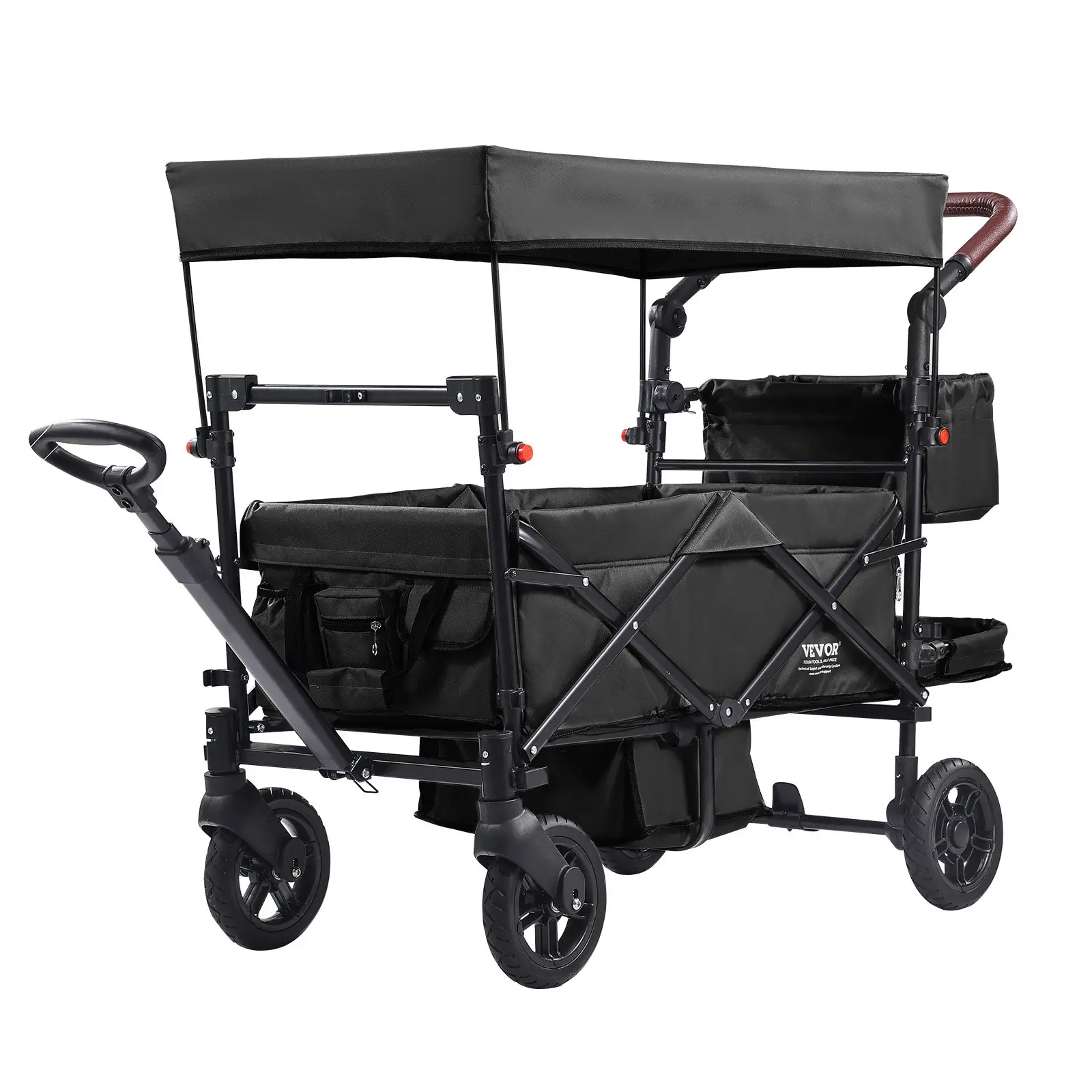 【DealsForYouDays】VEVOR Wagon Stroller for 2 Kids, Push Pull Quad Collapsible Stroller with Adjustable Handle, Encircling Harness Removable Canopy, 4 Wheels with Brakes, Mutifunction Tandem Stroller for Camping Black