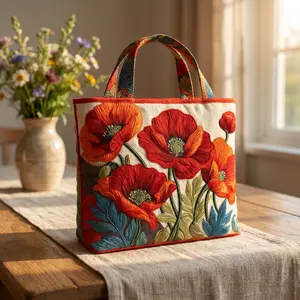 Women's Quilted Floral Tote Bag - Artisan Poppy Print Canvas Shoulder Purse, Oversized Cottagecore Handbag for Work, Travel & Market
