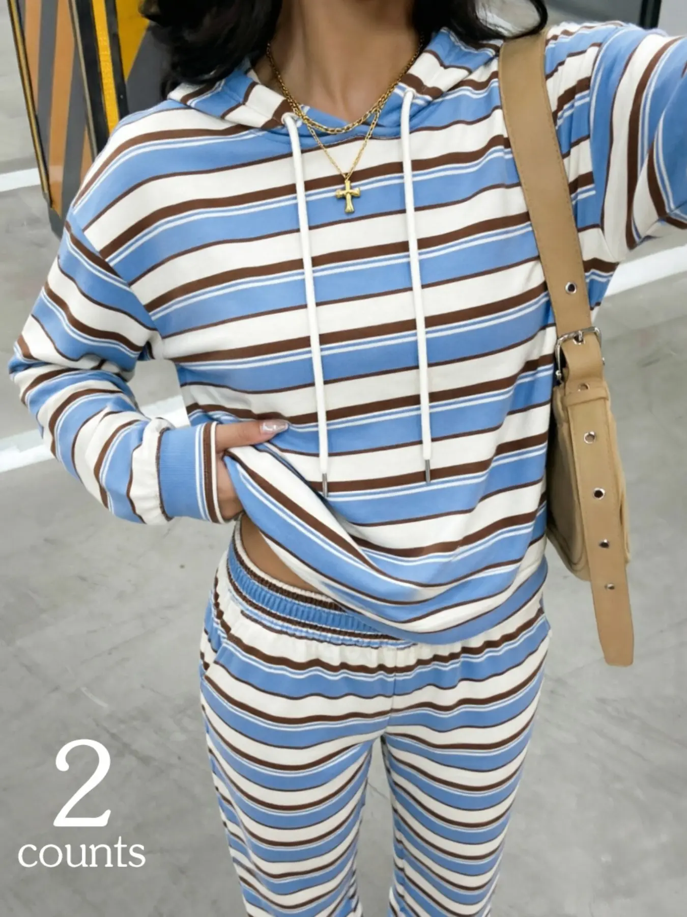 2 Piece Sets for Women Striped Hoodie & Sweatpants Outfits, Loose Oversized Drawstring Hooded Top, Elastic Waist Pants, Blue White Brown Stripe Print Soft Casual Loungewear, Retro Vintage Streetwear Cute Tops For Home Daily Shopping Going-out