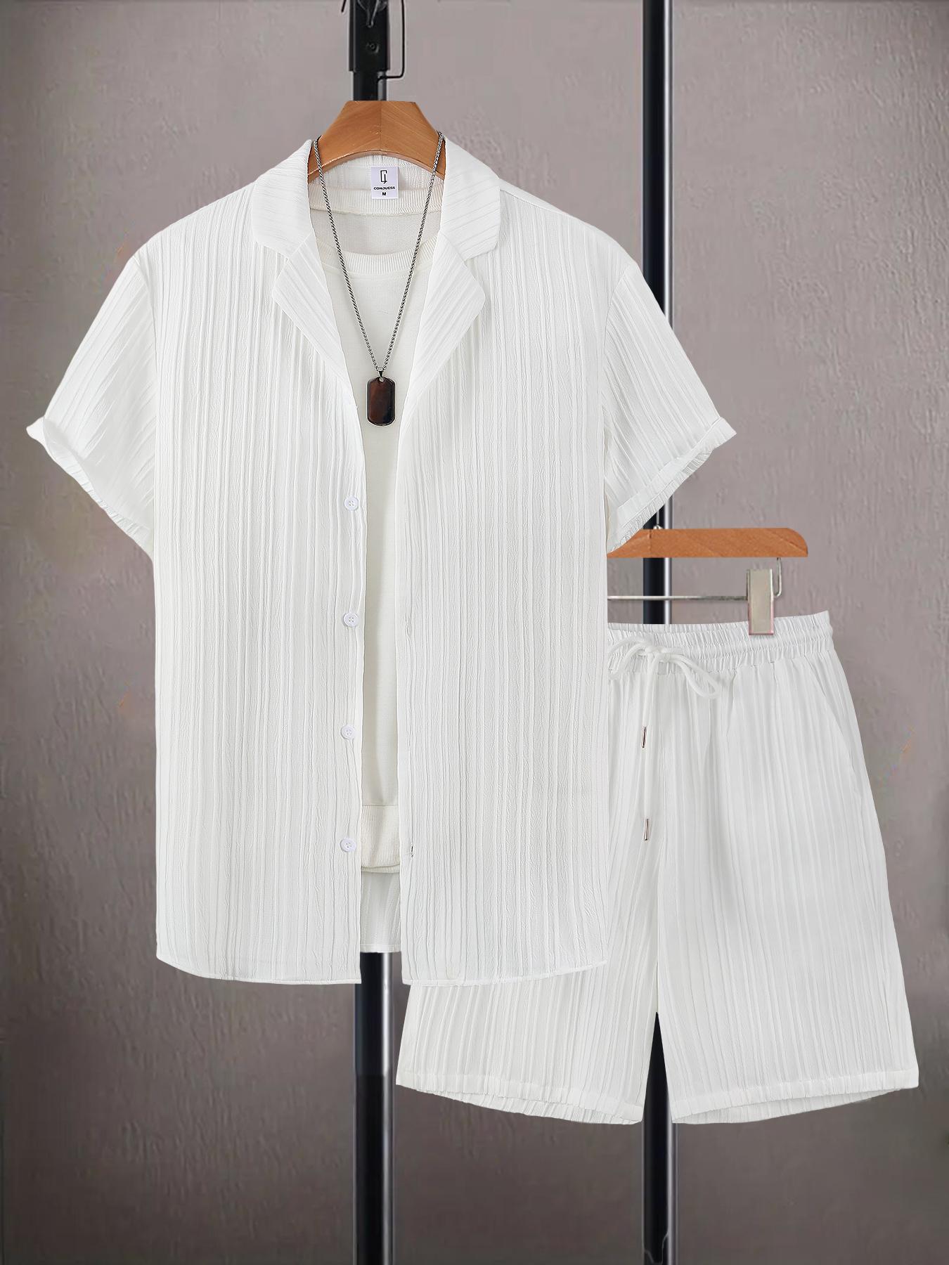 Men's Solid Short Sleeve Top & Shorts Set, Regular Fit Casual Top & Shorts, Men's Summer Clothes, Menswear, Tropical