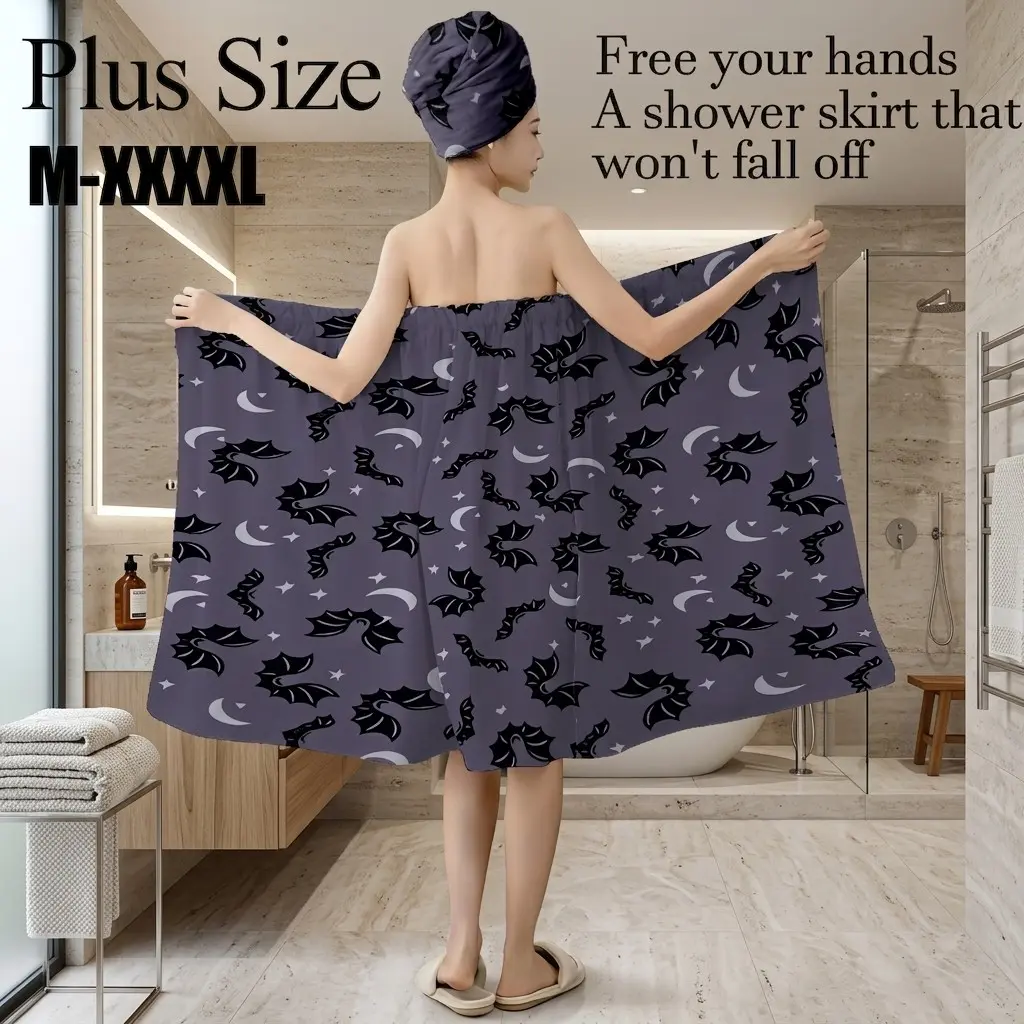 2pcs Dark Gothic Bat Moon Print Bath Skirt Set, Adjustable Non-Slip Super Absorbent Towel, Women's Multifunctional Robe Hair Cap, M-XXXXL, Halloween Party