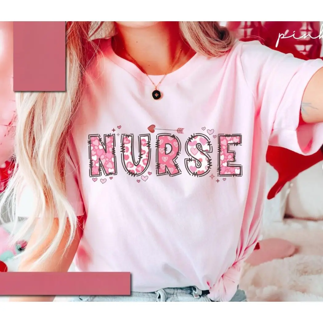 Valentine Heart Pattern NURSE Letter Graphic Cotton T‑Shirt, Comfort Oversized Cute Fashion Outfit, Valentine’s Day Nurse Tee, Perfect Valentine Holiday Gift For Nurse Friends
