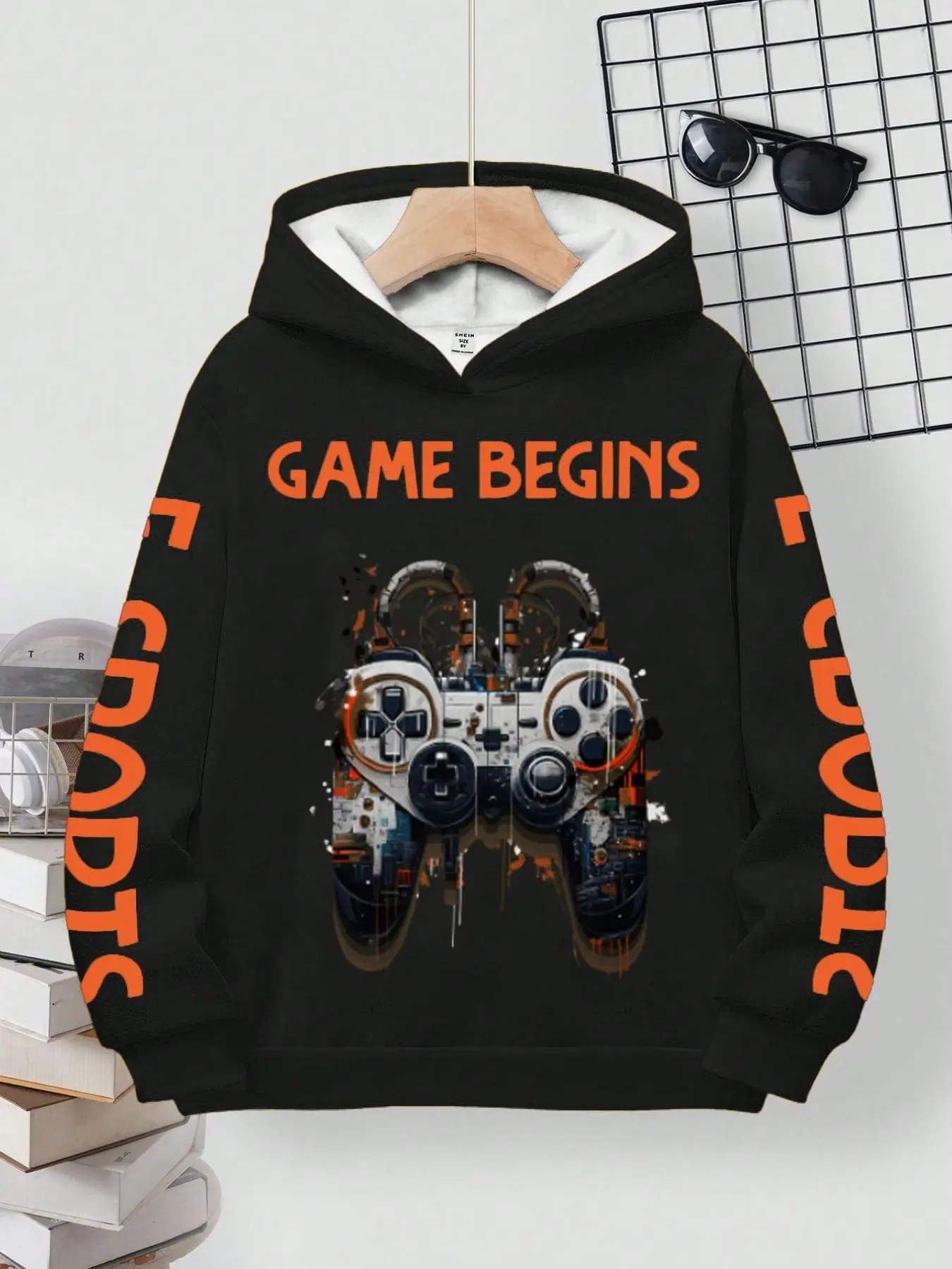 Boys' Trendy Hooded Pullover, Cool Letter and Game Controller Print, Slim-Fit Long Sleeve, Casual Spring & Fall Wear, Perfect for Home and Commute