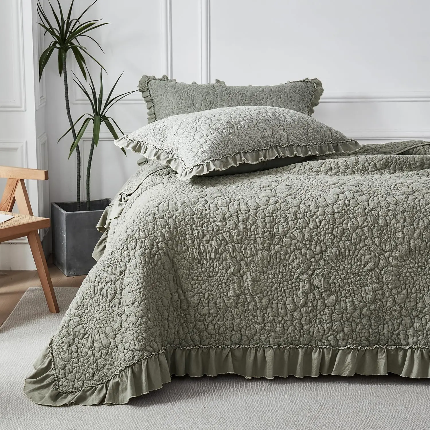 Khaki Ruffled Quilt Set 3 count Full 80''x90'' - Stone Washed Microfiber Crinkled Bedspread for    Style Lightweight Shabby Chic Coverlet Set with Pillow Shams