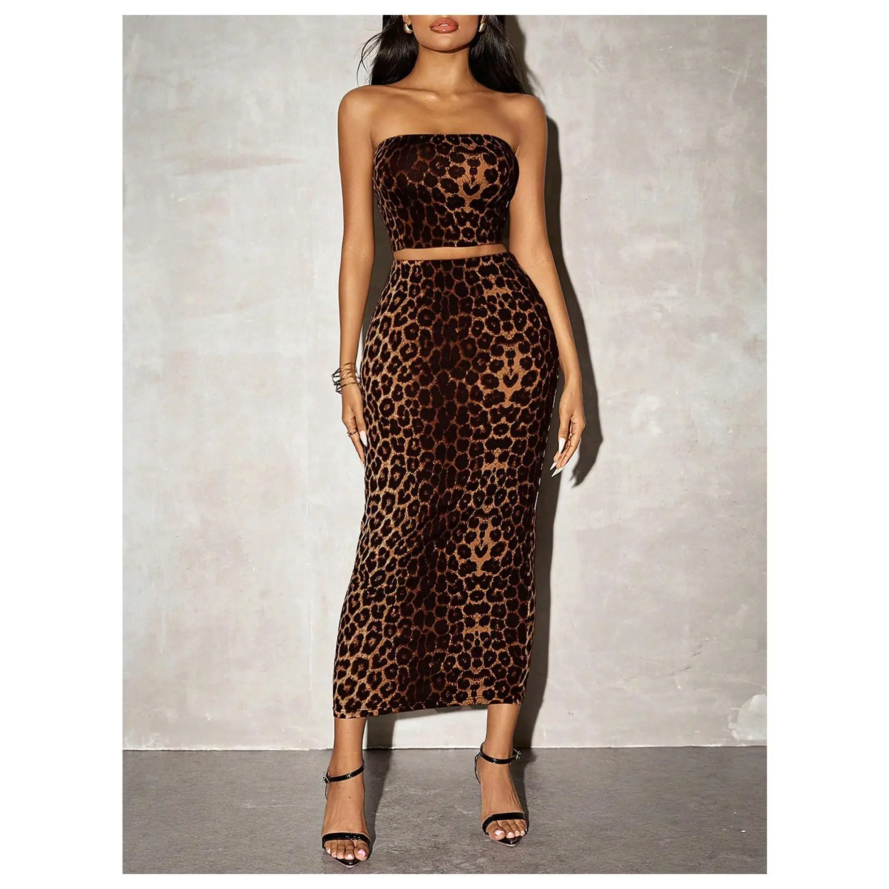 Two Piece Skirt Set Cheetah Print Strapless Crop Tube Top Maxi Skirts Rave Ouftits