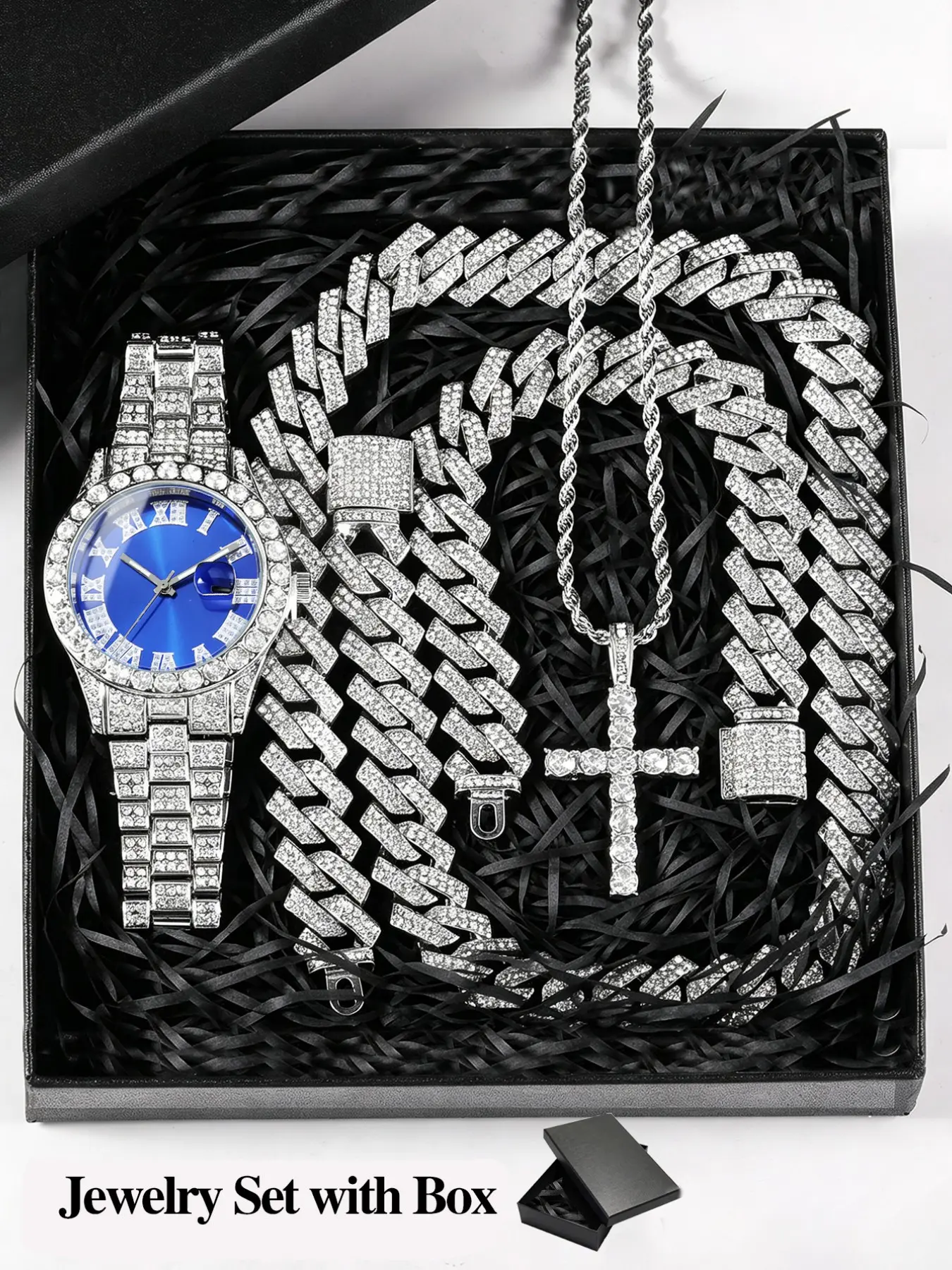 Luxury Punk Style Watch Set, Jewelry Set, Includes Necklace, Bracelet, Cross Pendant, Gift Box, Quartz Analog Movement, Adjustable Strap, Unisex, All Seasons