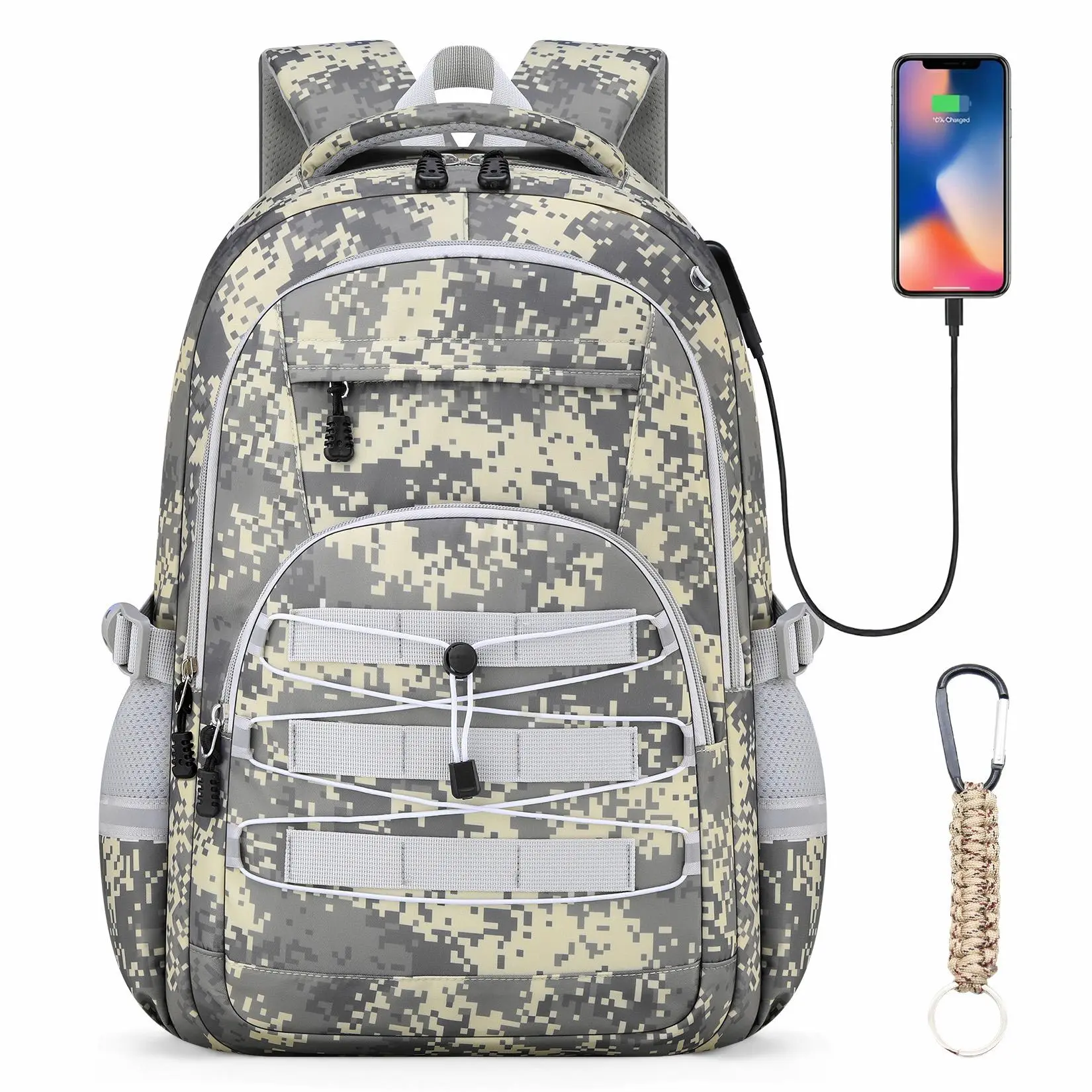Boys' 18in Camo Backpack with USB Charging Port & Keychain - Comfortable Padding, Mega-Space, Rain-Proof, Super Organized, Versatile Function for Elementary/Middle School, Hiking, Travel, Holidays, Birthdays, Back-To-School Season, Stylish Camo