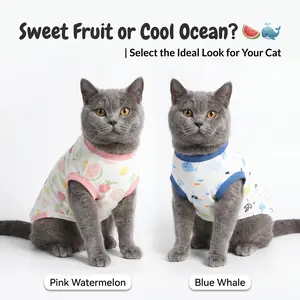 KOOGAL cat clothing, cute fruit-print Kitty cat T-shirt, soft cat pajamas, suitable for both kittens and adult cats as an indoor base layer, in pink and blue colors, sizes S-L (2-16 pounds)