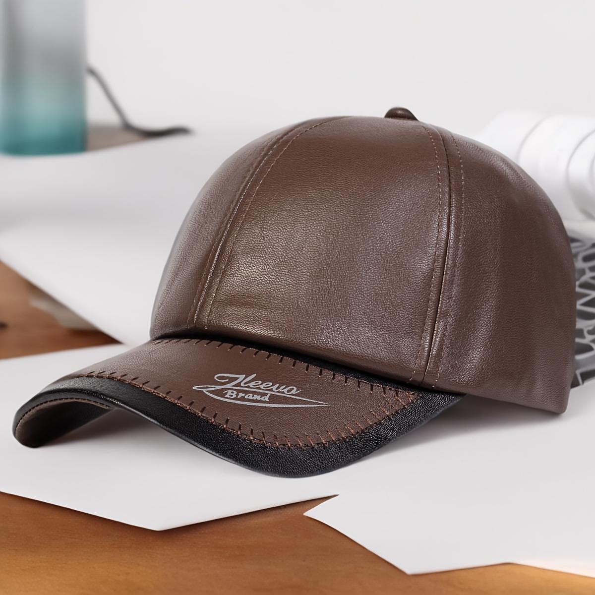 [Cozy Comfort] Men's Adjustable Faux Leather Baseball Cap - Warm, Casual Outdoor Hat for Fall and Winter, Ideal for Travel and Beach Parties, Beach Party Accessory | Casual Baseball Cap | Subtle Stitching Detail, Beach Hat