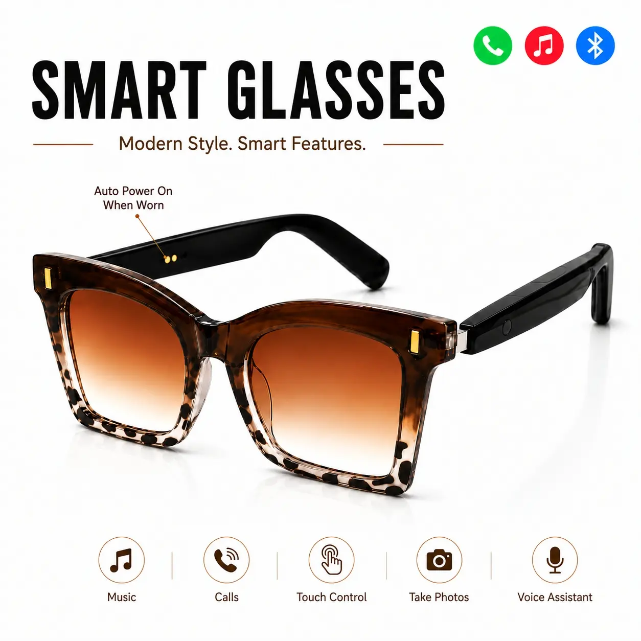 Smart Glasses, Bluetooth Audio Sunglasses with Open-Ear Speakers, Built in Mic, Touch Control, Voice Assistant and Remote Photo Capture