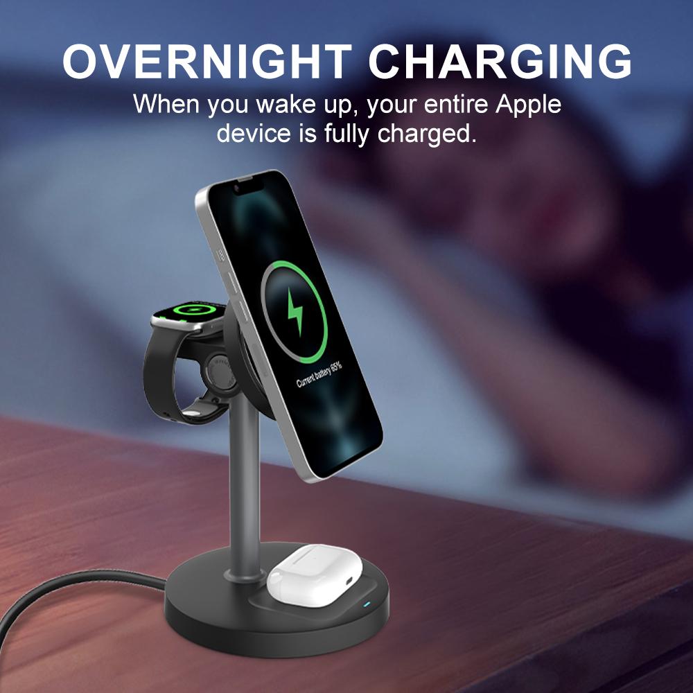 3 in 1 Wireless Charging Stand, 15W Fast Wireless Charger, Multifunctional Charging Station for iPhone 12-16 Series, Samsung S24 S23, Apple Watch & AirPods