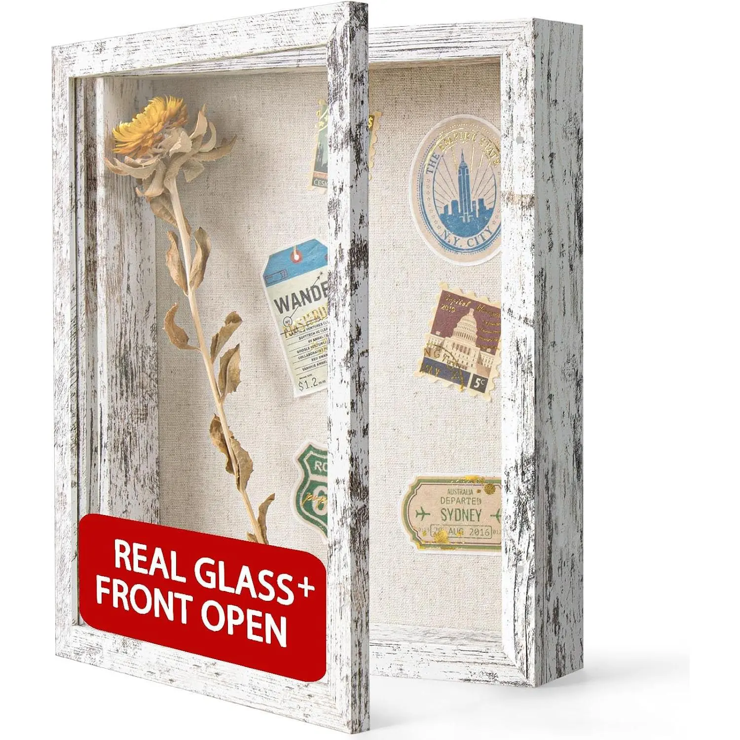 8x10 Shadow Box Frame with Linen Back, Real Glass, Push Pins Included, Rustic Memory Display Case, Fits 6.8x8.8 Inserts, Distressed White