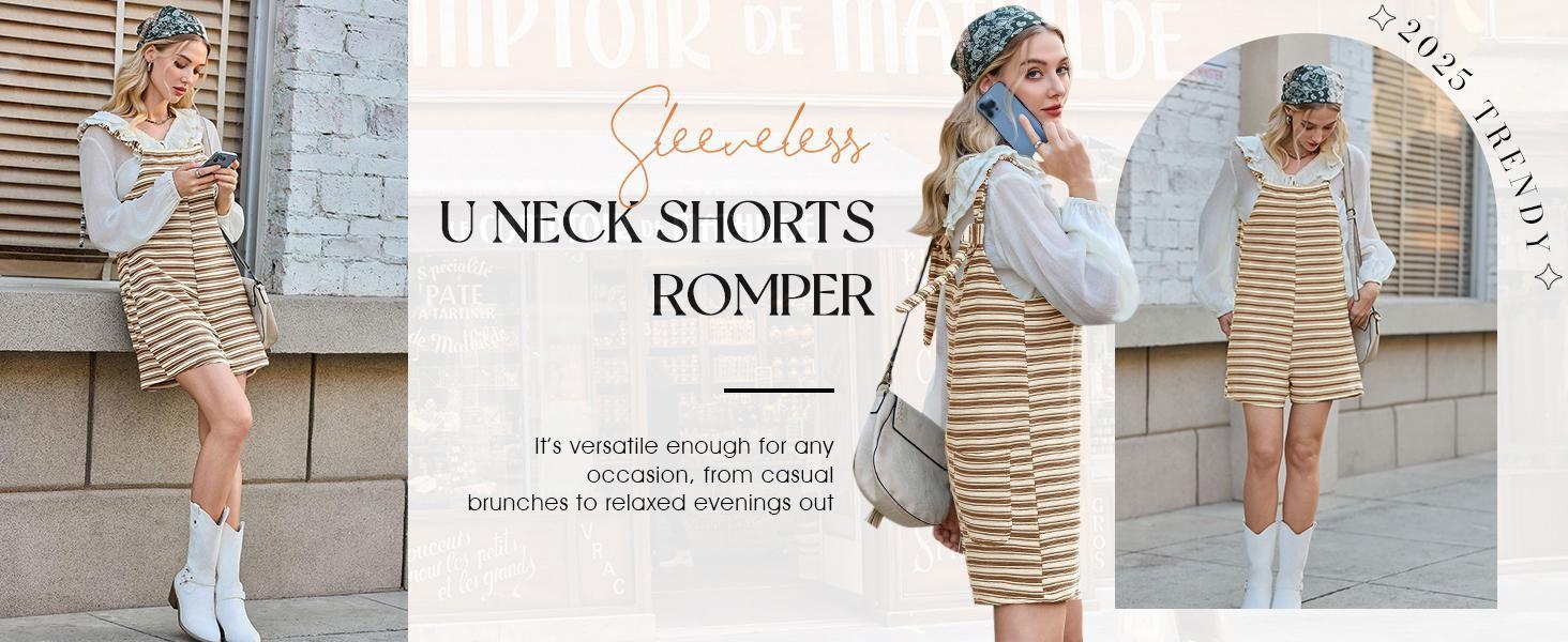 PASLTER Womens Summer Casual Sleeveless Romper Loose Striped Tied Shorts Overalls Jumpsuit with Pockets 2025 Clothes