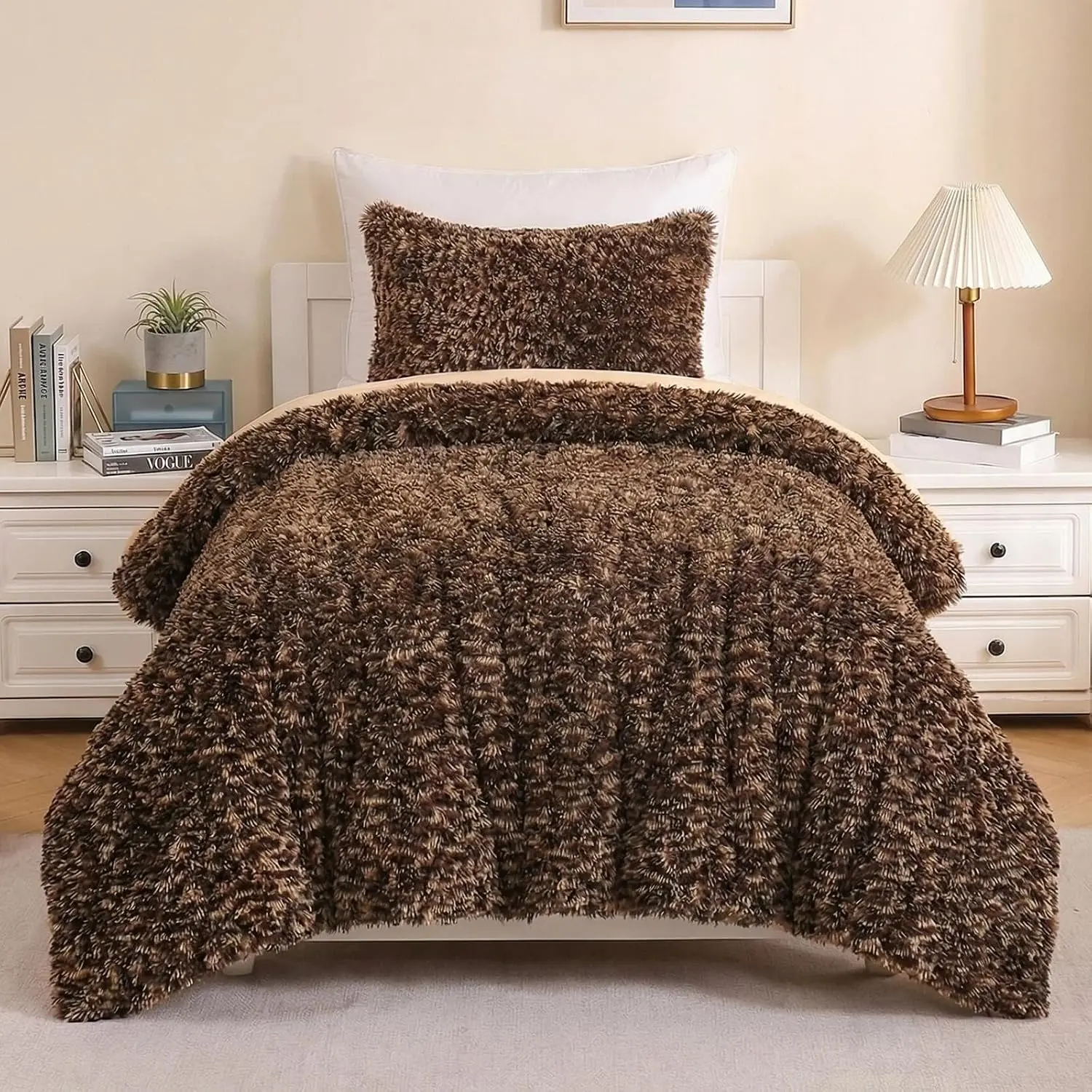 Leopard Print  Faux  Comforter Set  Size, 2 count Brown  Plush Shaggy Fuzzy Bedding Set, Ultra Soft Luxury Furry Boho  Print   Comforter for Women Girls