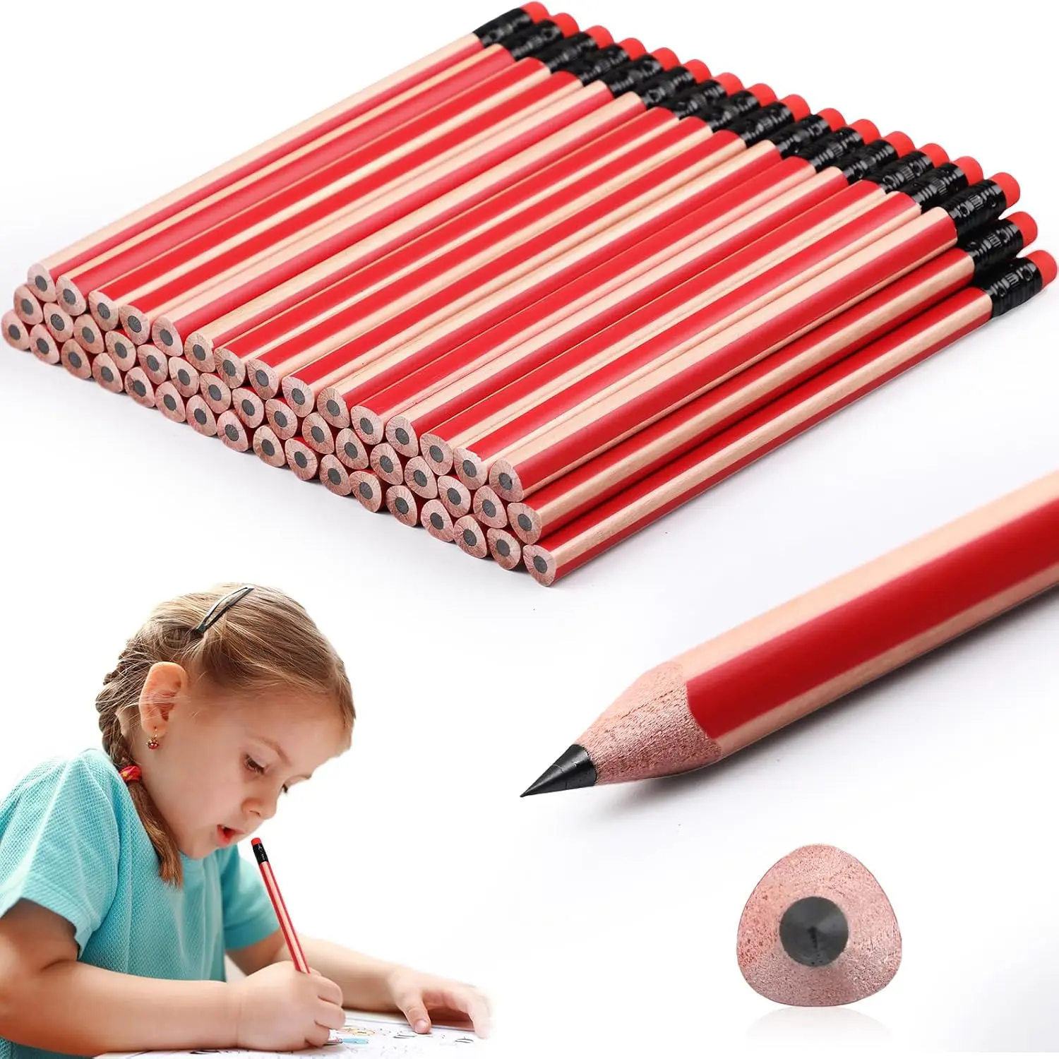 48 count 2b  Pencils, Big, , Thick, Triangular Grip 7 Inch Large Pencils Refill with Eraser for Beginners Office Christmas Gifts(Red)