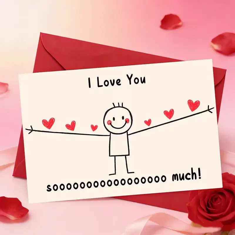Cute Stick Figure Love Card with Envelope, "I Love You Sooooo Much" Sweet Romantic Greeting Card, Simple Sketch Red Heart Design, Valentine’s Day Anniversary Gift for Husband Wife Couples