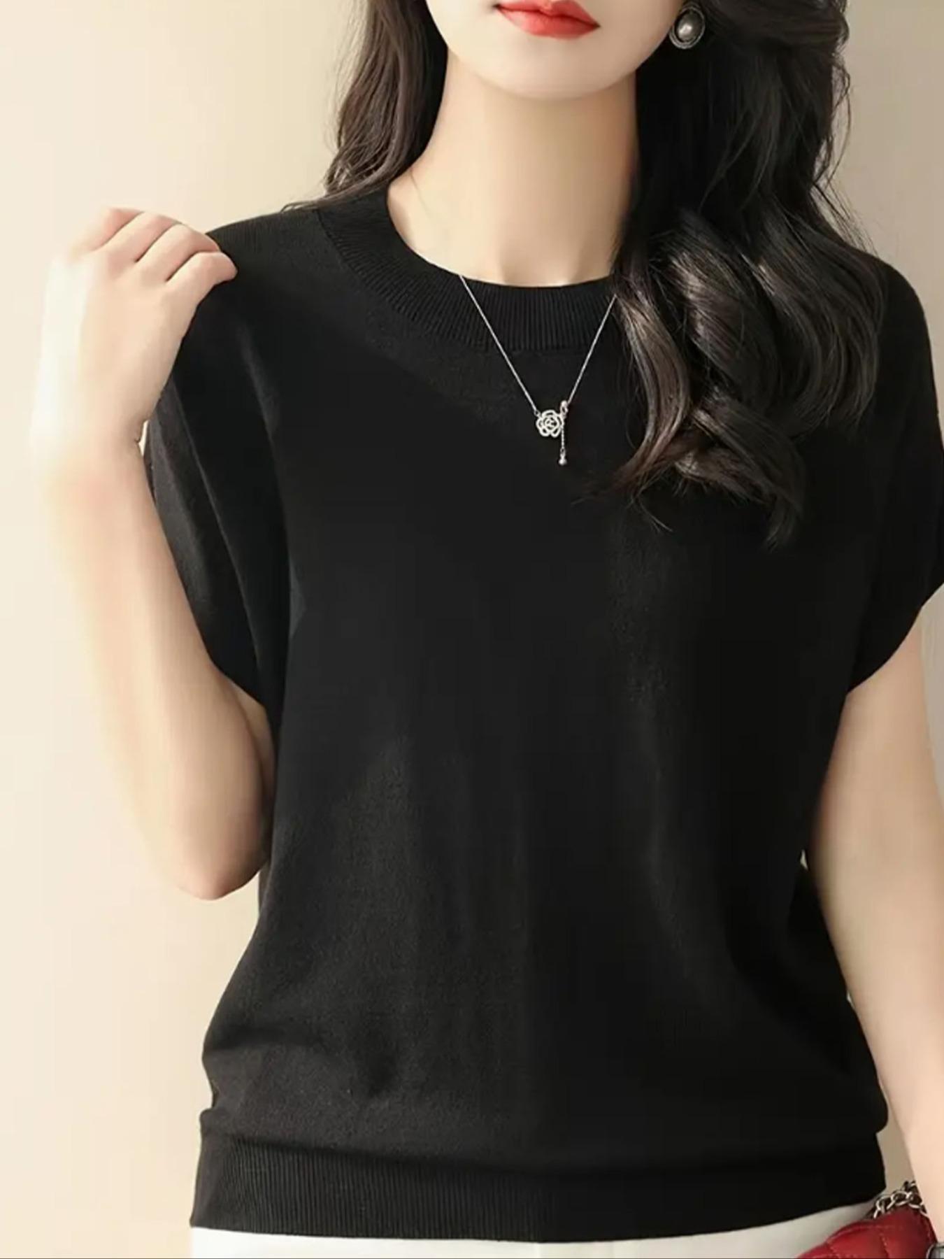 Women's Plain Round Neck Sweater Knitwear, Casual Short Sleeve Crew Neck Jumper for Summer, Fashion Women's Top for Daily Wear