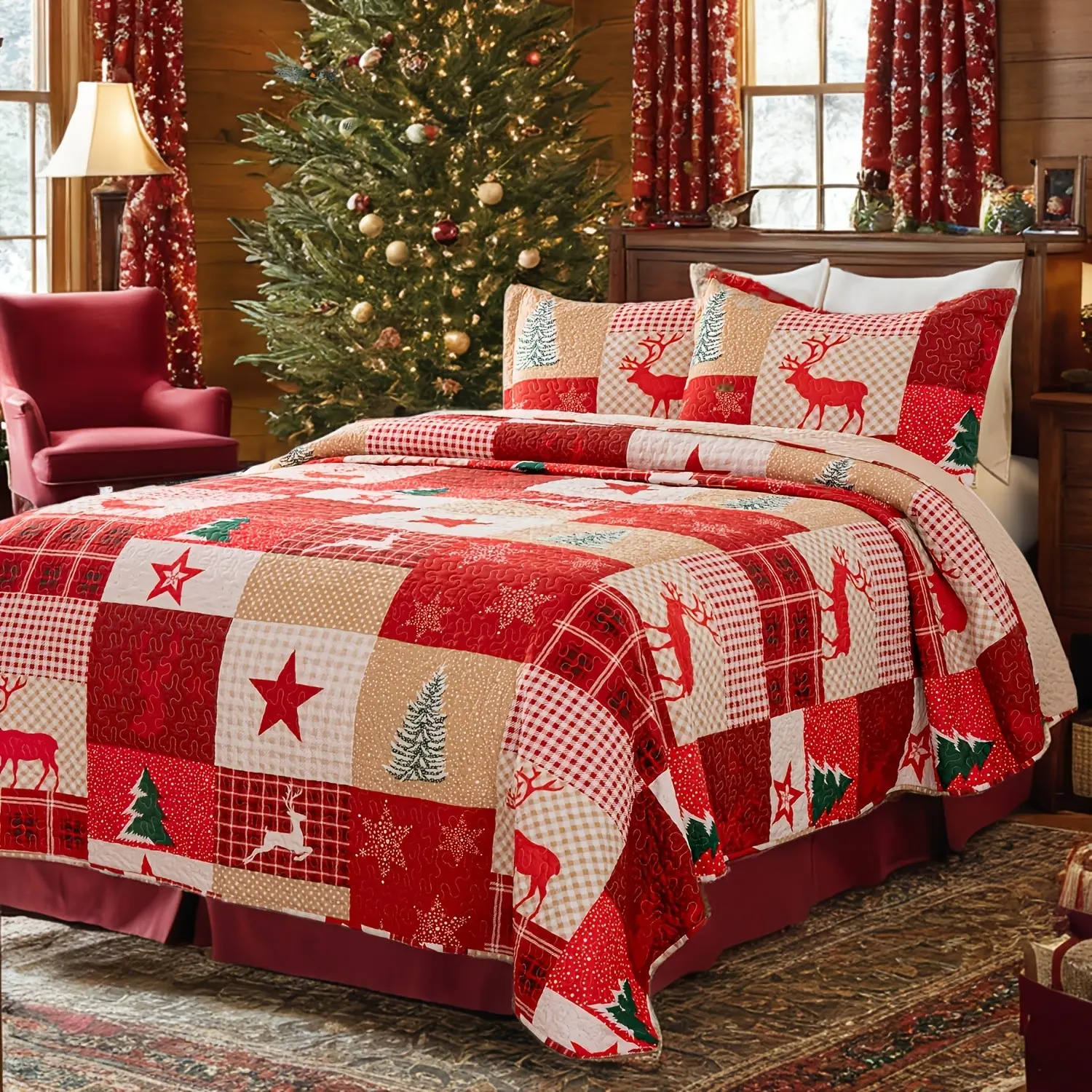 3pcs Christmas Bedding Set Quilt Set Soft Luxurious Comforter Coverlet Red Christmas Bedspread for All Season Queen Size King Size 1 Quilt And 2 Pillow Shams Without Core Best Gift