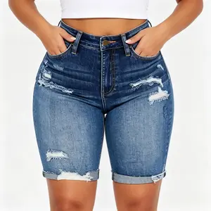 Women’s summer washed ripped slim-fit denim shorts-clean cuts that flatter the legs, stylish and eye‑catching for vacations and travel.stretchy denim short