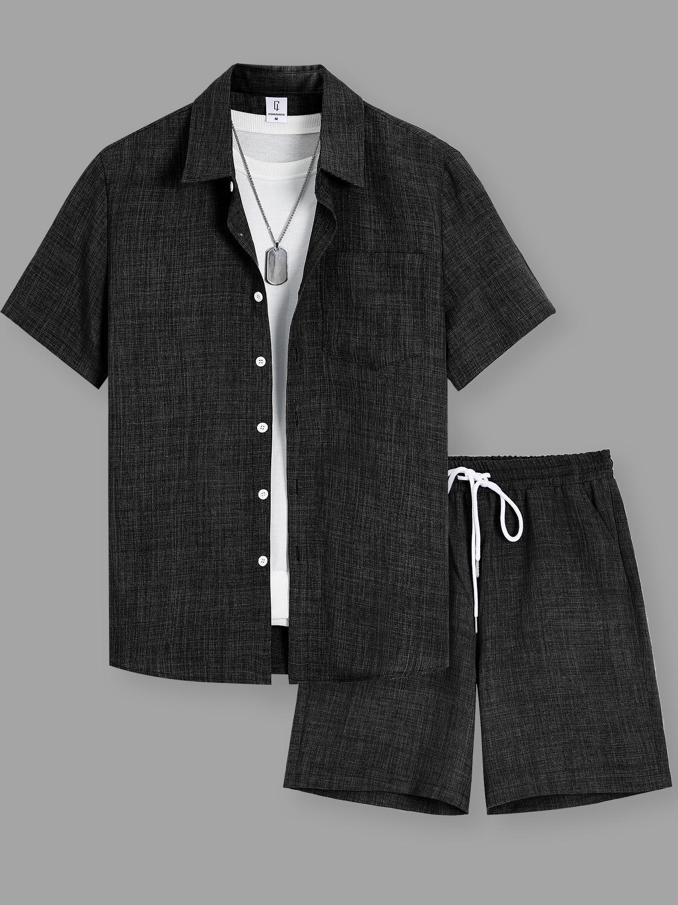 Men's Solid Short Sleeve Shirt & Shorts Loungewear Two-piece Set, Casual Comfy Top & Shorts PJ Set, Pajamas Set, Men's Sleepwear for Summer