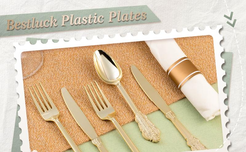 75pcs Gold Disposable Silverware Set Complete Cutlery for 25 Guests Weddings Parties Elegant Gold Finish Forks Spoons Knives Durable Easy to Clean Up